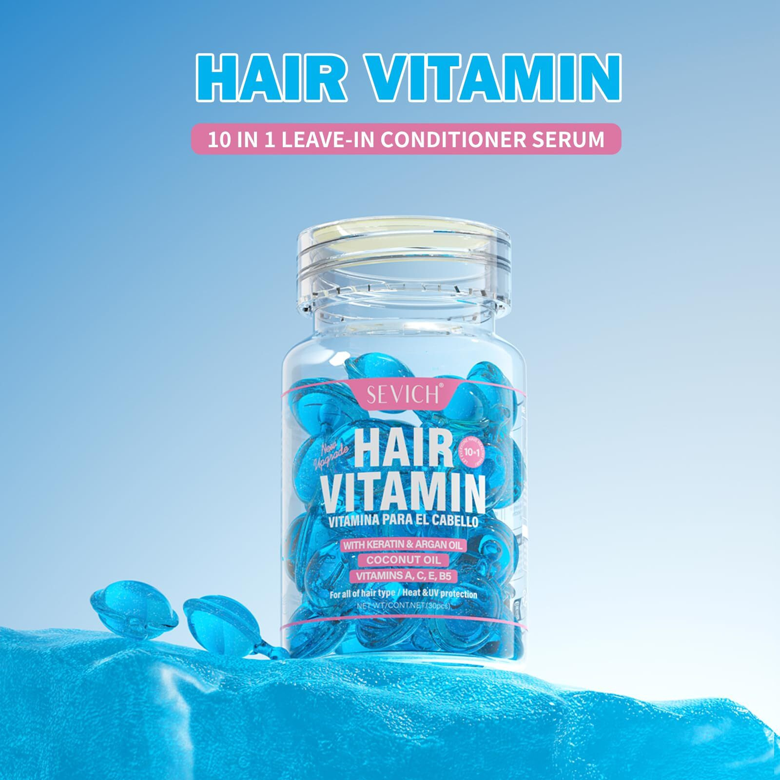 Sevich Hair Vitamin Capsules - 10-In-1 Leave-In Conditioner Serum With Keratin & Argan Oil, Heat Protectant Up To 450F, Frizz Control & Deep Hydration For Damaged Hair, 40 Capsules