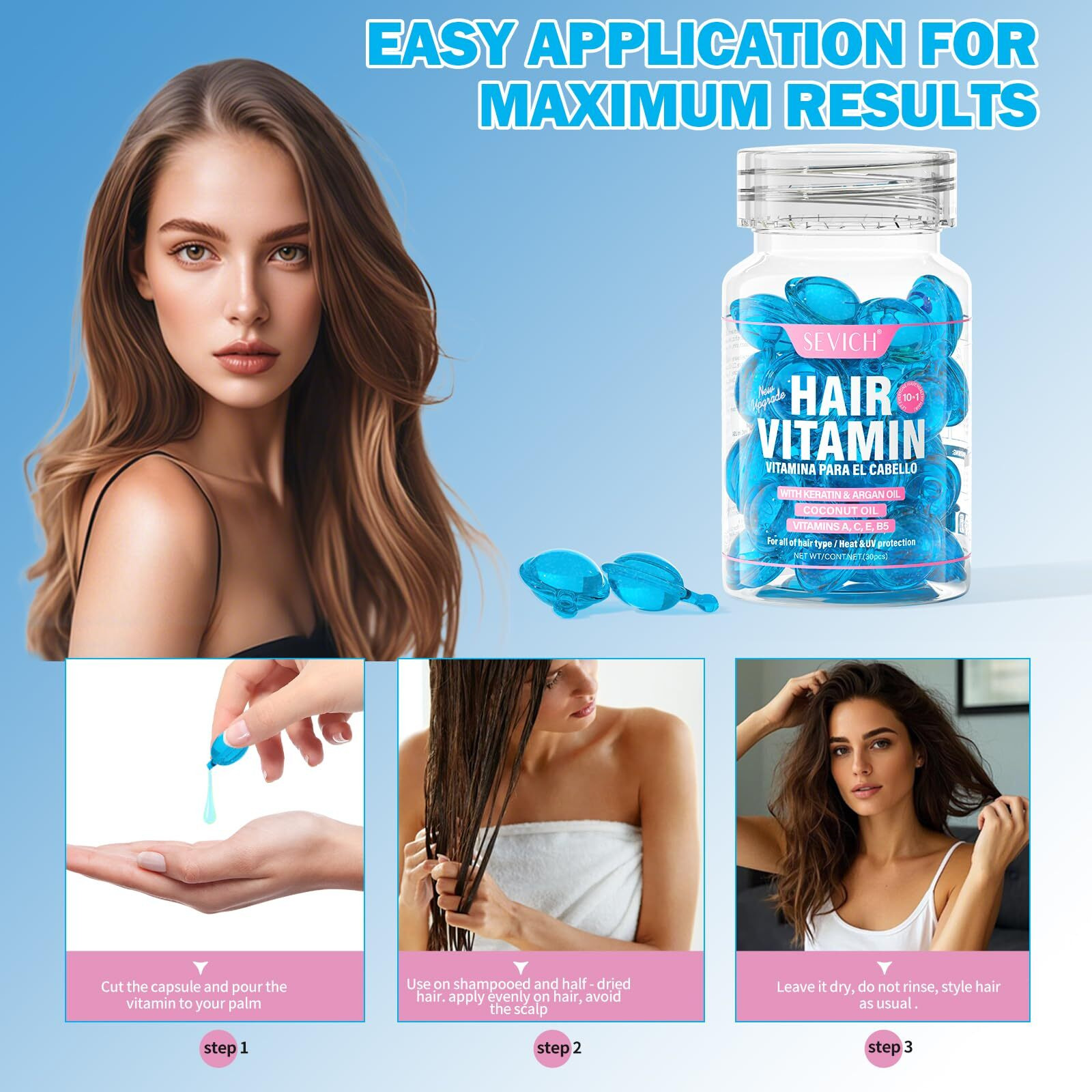 Sevich Hair Vitamin Capsules - 10-In-1 Leave-In Conditioner Serum With Keratin & Argan Oil, Heat Protectant Up To 450F, Frizz Control & Deep Hydration For Damaged Hair, 40 Capsules