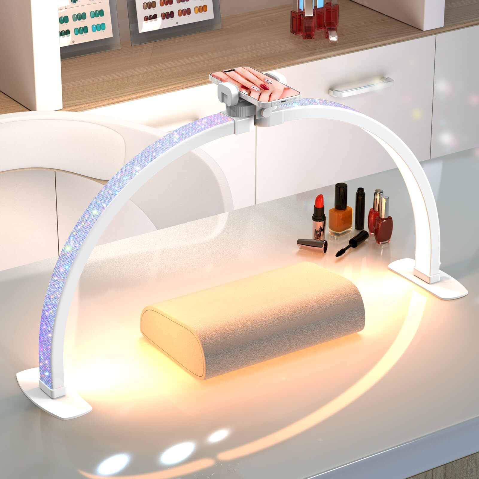 Professional Large Half Moon Light For Nail Desk With Phone Holder, 29"" Arch Light For Nail Techs Nail Desk Lamp For Manicure Table, Salon, Nail Tech Lamp With Rhinestone-Encrusted(White, Large)