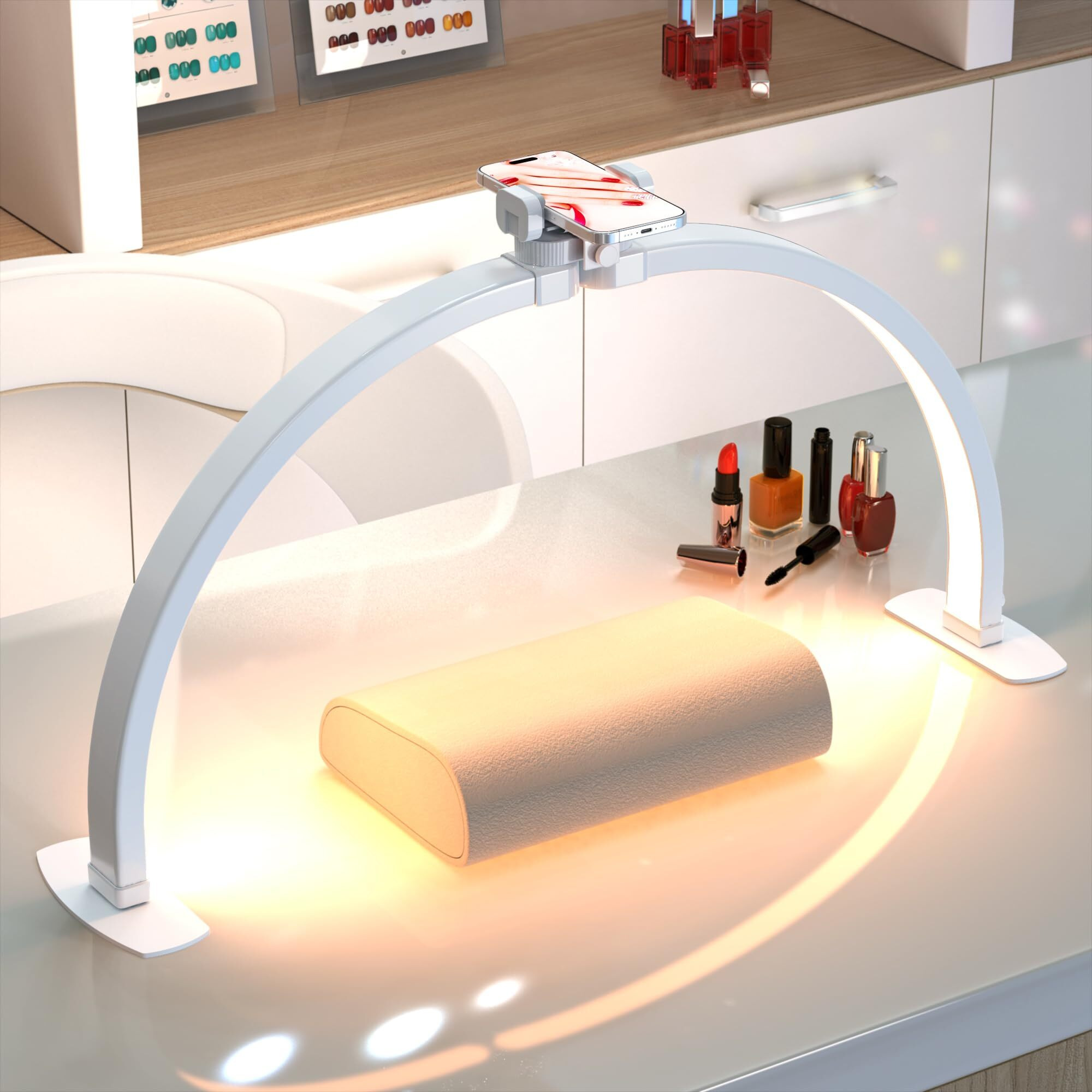 Slyfte Professional Large Half Moon Light For Nail Desk With Phone Holder, Arch Light For Nail Techs For Manicure Table (White, Large)