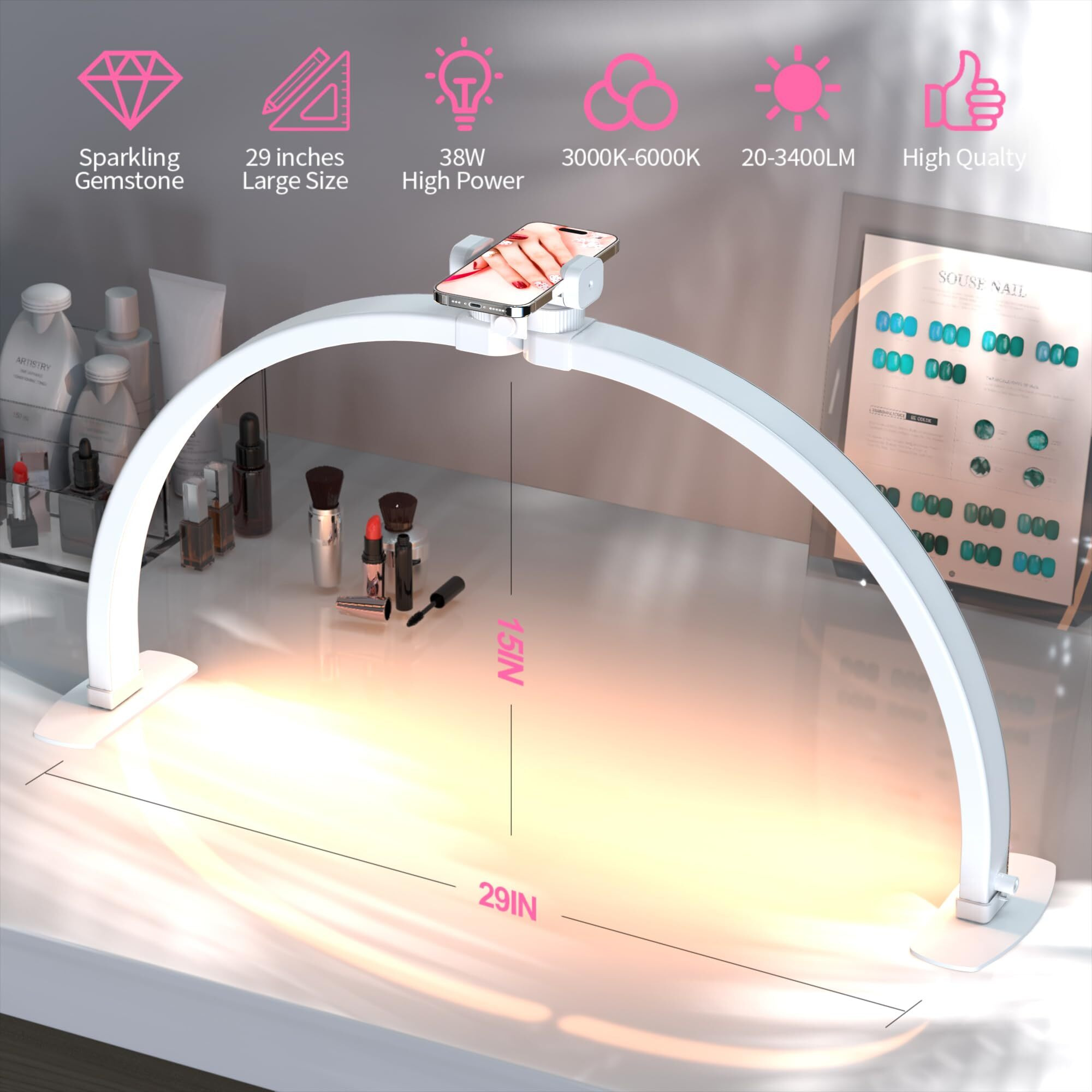 Slyfte Professional Large Half Moon Light For Nail Desk With Phone Holder, Arch Light For Nail Techs For Manicure Table (White, Large)