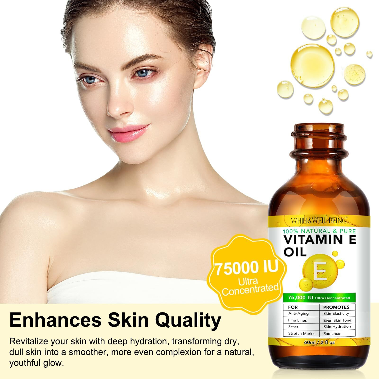 Whlh & Well-Being Pure Vitamin E Oil For Skin Face Hair Scars, Blend 75,000 Iu, Moisturizing Dry Skin Winkles Hair And Scalp Pack Of 1
