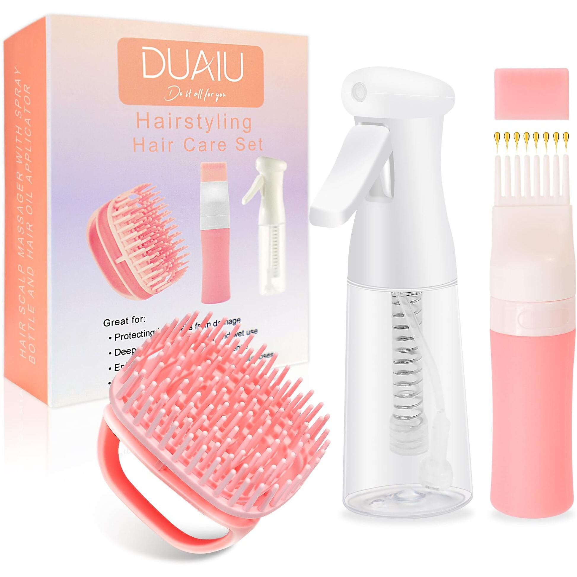 Duaiu Hair Oil Applicator With Continuous Spray Bottle Hair Scalp Massager, Silicone Root Comb Applicator Bottle Shampoo Brush And Mister Spray Bottles For Hair Dye And Hair Care
