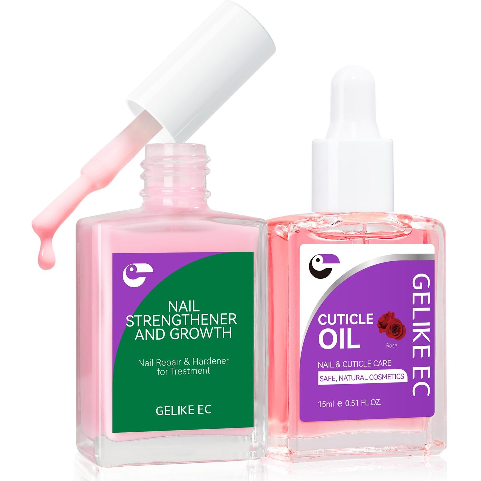 Gelike Ec Colorful Nail Growth Kit Pink Nail Hardener & Rose Nail Growth Oil Set - Strengthen Brittle Nails With Floral Scent - Natural Acrylic Formula - Gift For Women Brides