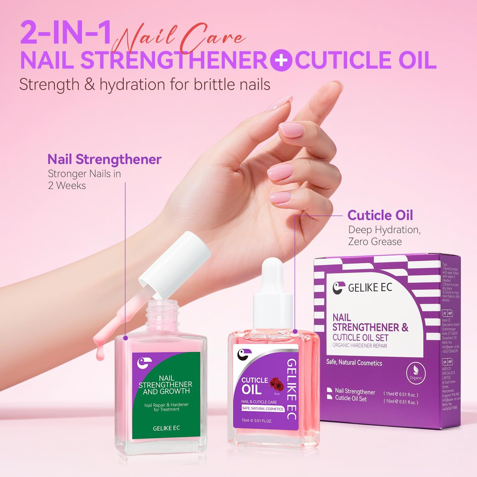 Gelike Ec Colorful Nail Growth Kit Pink Nail Hardener & Rose Nail Growth Oil Set - Strengthen Brittle Nails With Floral Scent - Natural Acrylic Formula - Gift For Women Brides