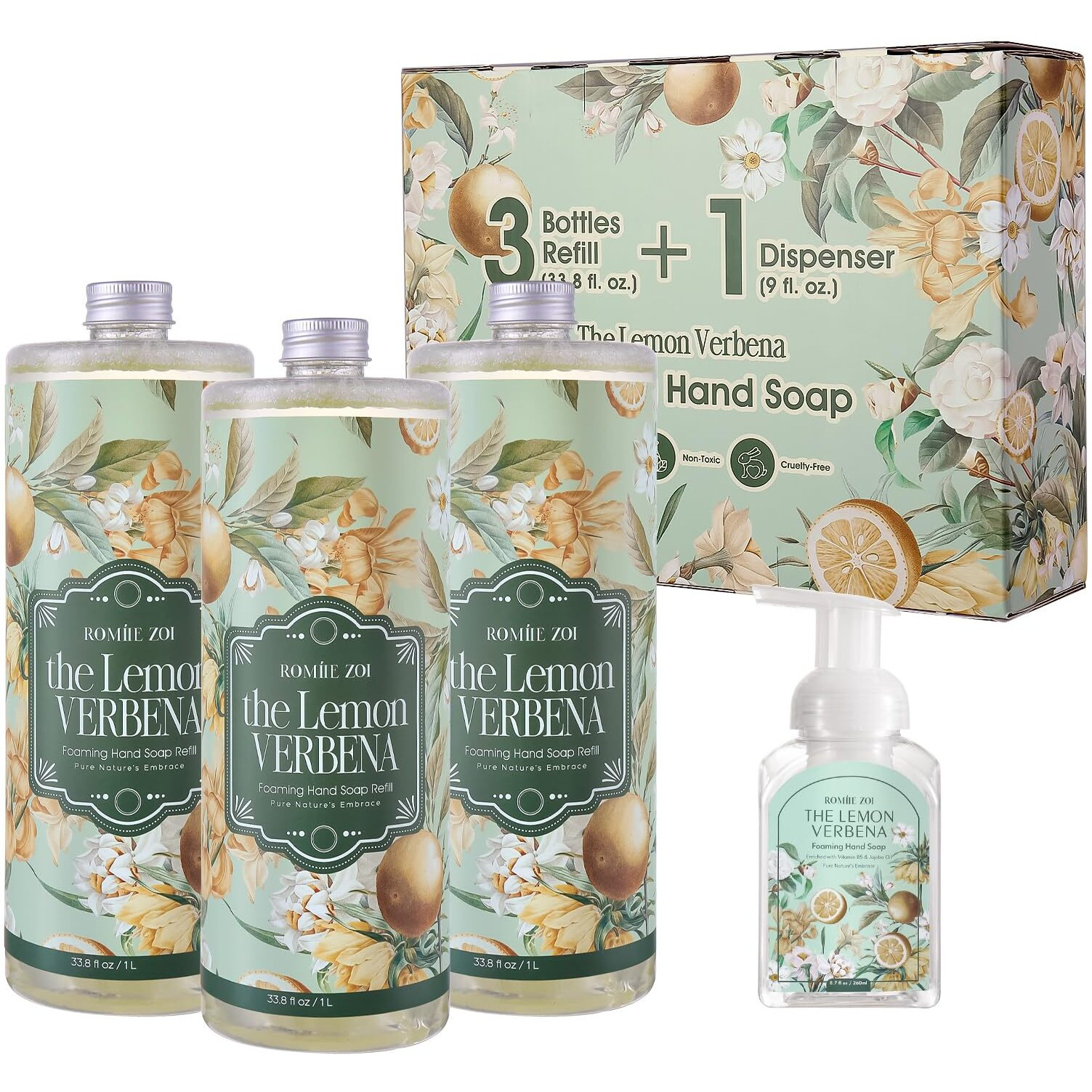 Romiie Zoi Foaming Hand Soap Refill Gift Set-3 Pack With Dispenser, Cruelty-Free And Biodegradable Formula, Moisturizing With Essential Oil For Sensitive Skin,Wild Lemon Verbena Scent,(33.8 Fl Oz X 3)