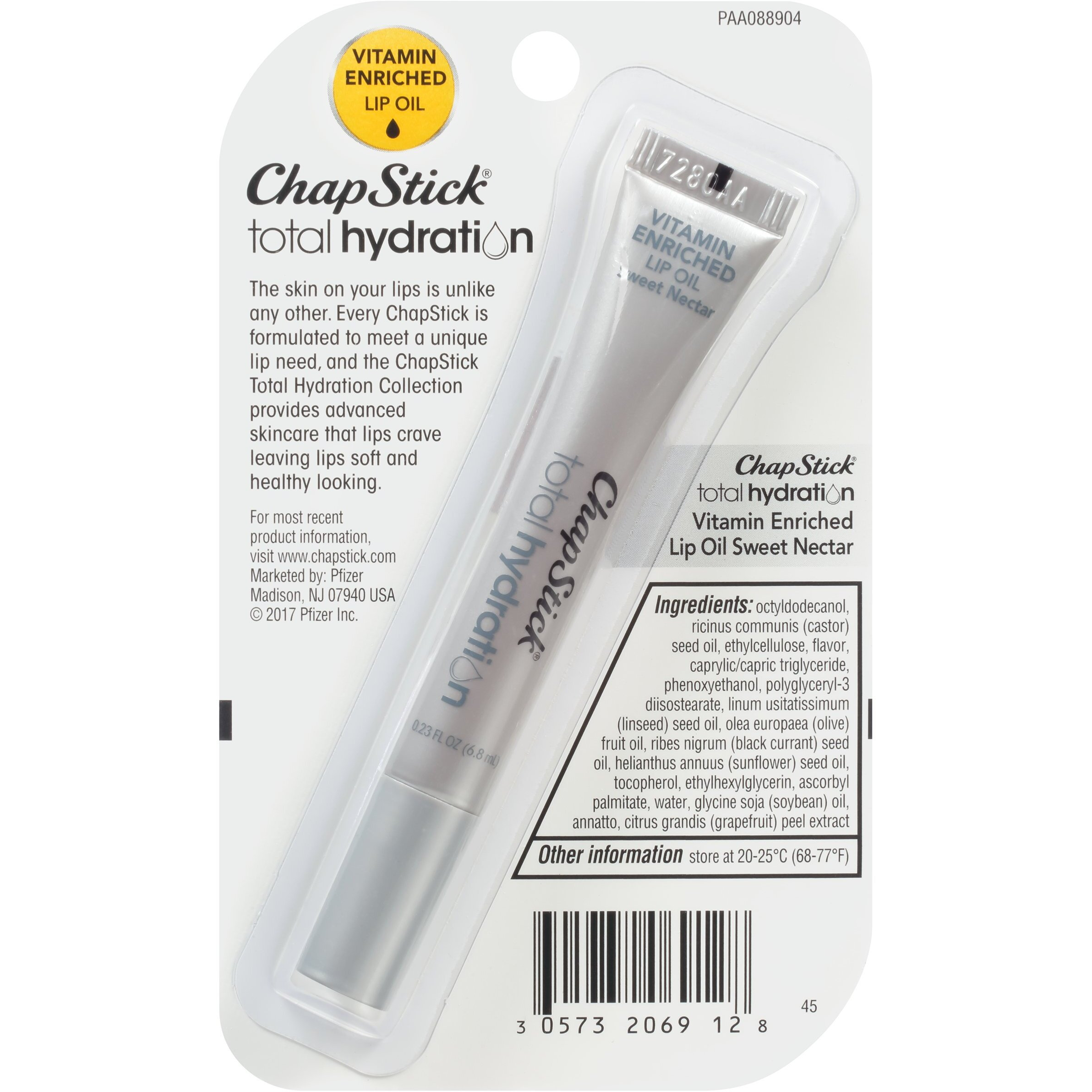 Chapstick Total Hydration Sweet Nectar Flavor Vitamin Enriched Lip Oil, Non Tinted Lip Care - 0.23 Oz