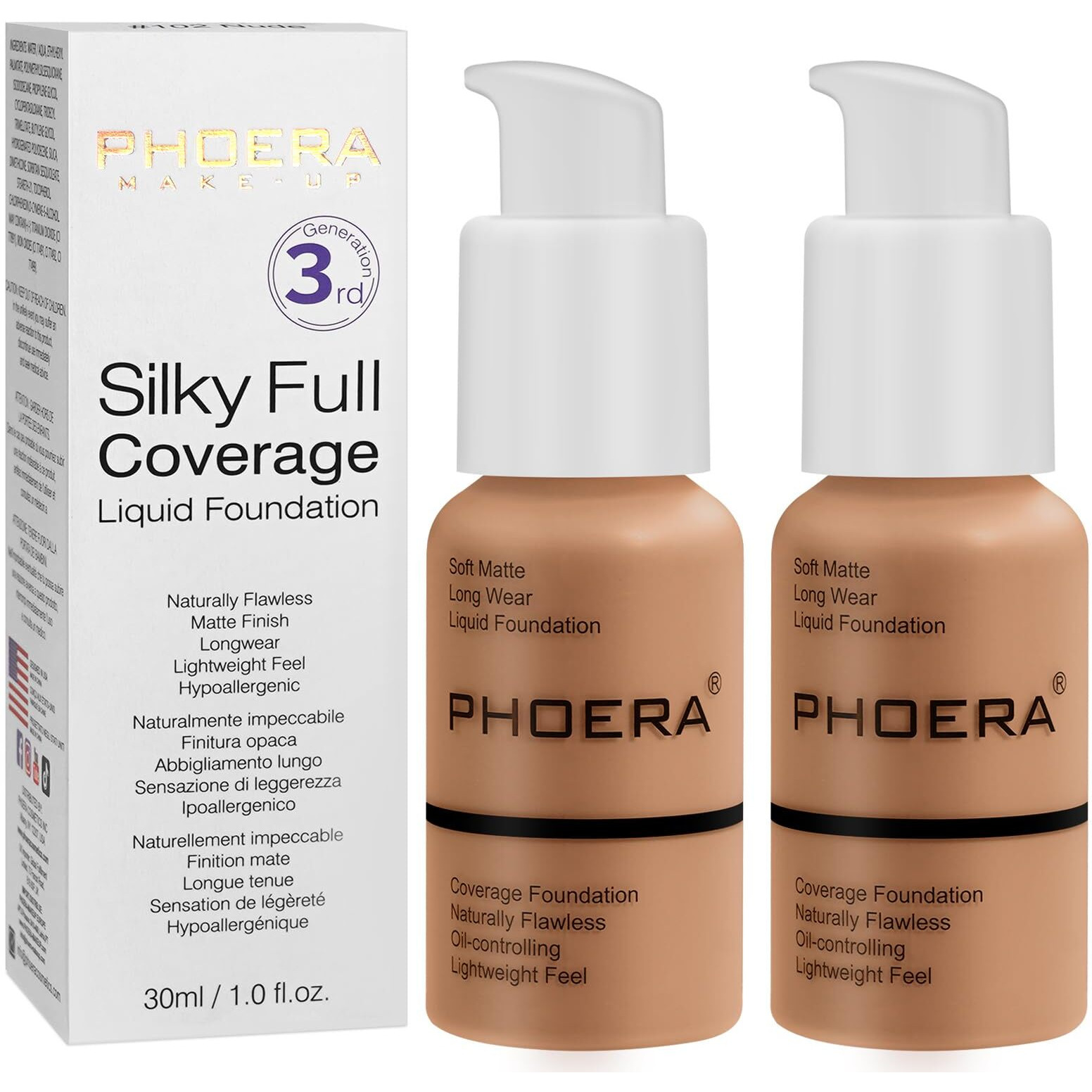 Phoera Foundation, Phoera Matte Liquid Foundation,Phoera Makeup For Women, Phoera Foundation Full Coverage Concealer, 30Ml 24Hr Matte Oil Control Concealer (107- Hone*2)