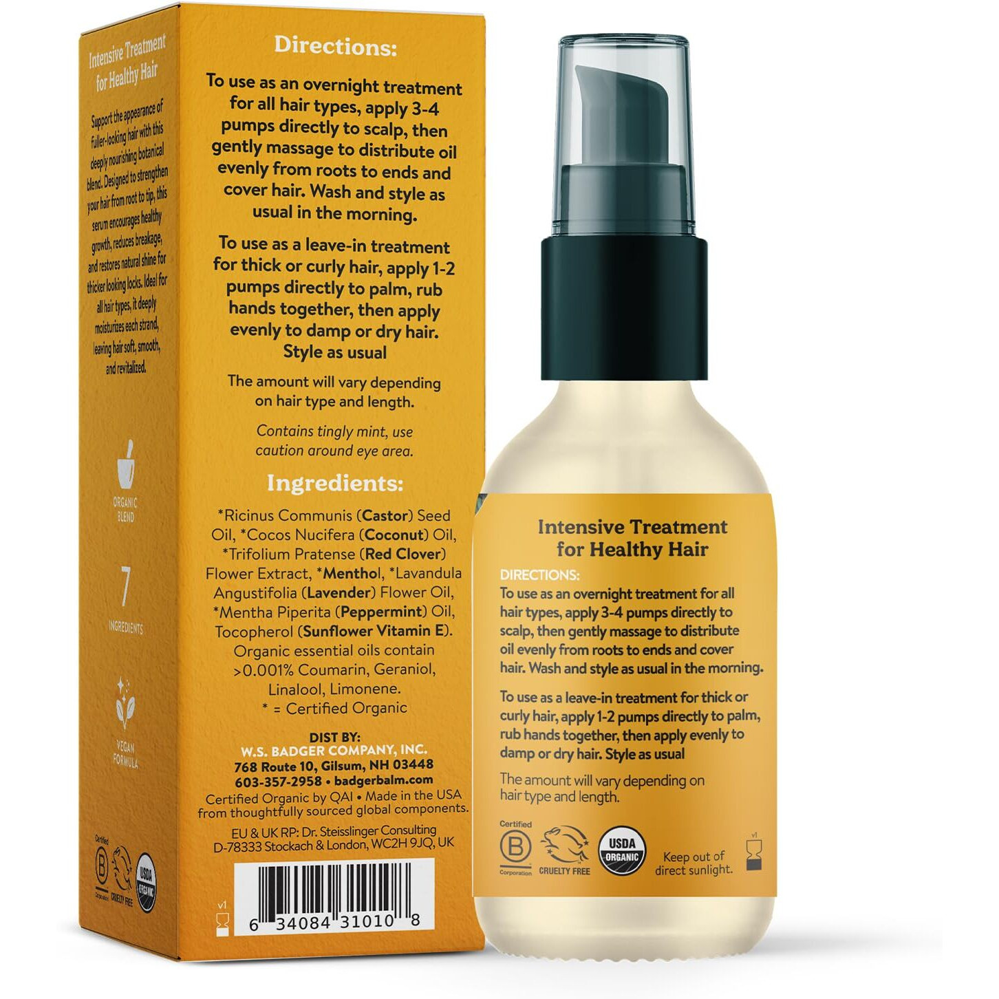 Badger Organic Castor Hair Oil For Thicker Fuller Looking Hair, 100% Organic Castor Oil For Hair Growth & Restoration, Red Clover & Peppermint, Deep Hydrating Hair Oil, 2 Fl Oz Glass Bottle