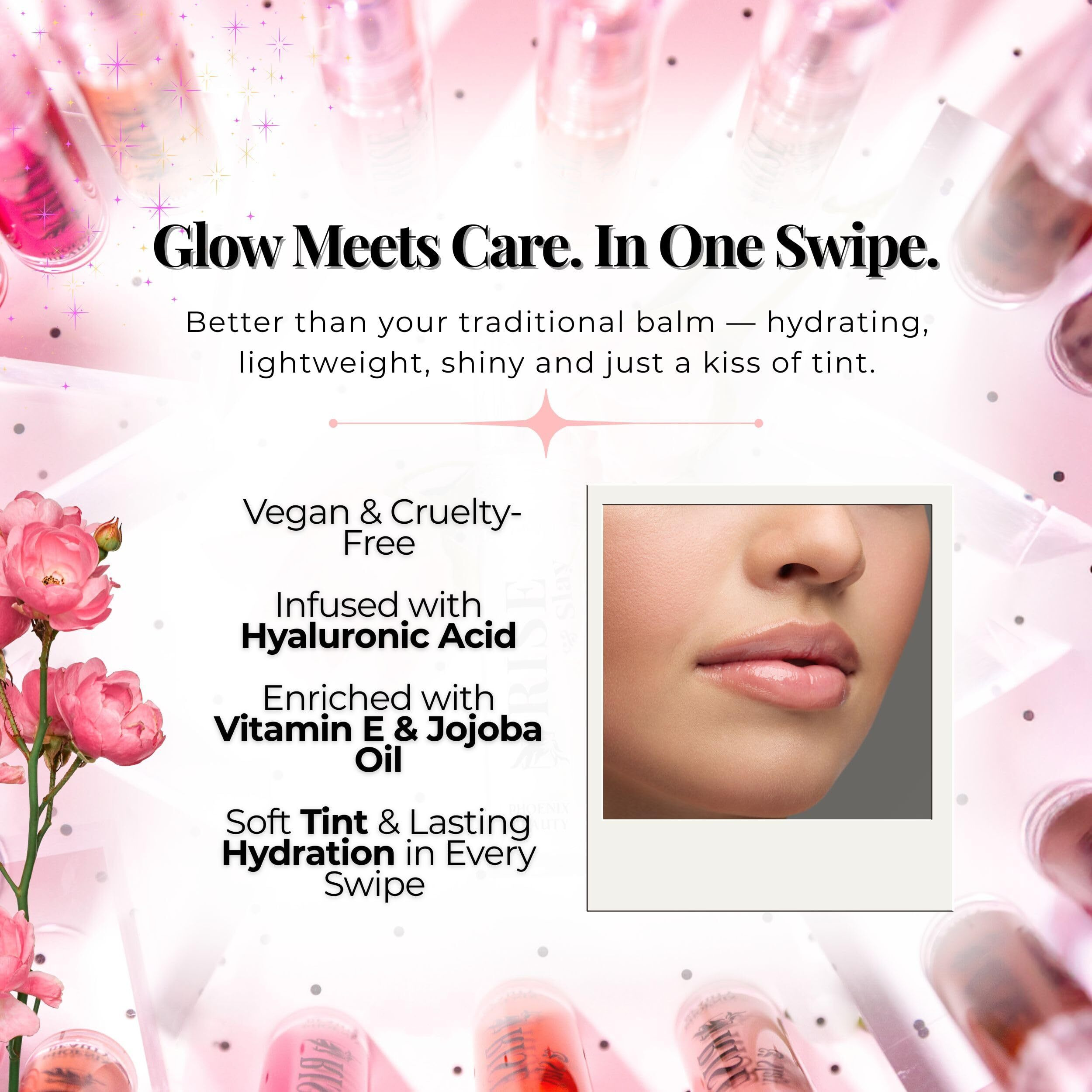 Phoenix Beauty Hydrating Lip Oil For Soft Lips Rise & Slay Tinted Glow With Hyaluronic Acid, Jojoba & Castor Oil, Vit-E | Lightweight Vegan Summer Lip Treatment, Non-Sticky Shine (Tinted Lip Oil)