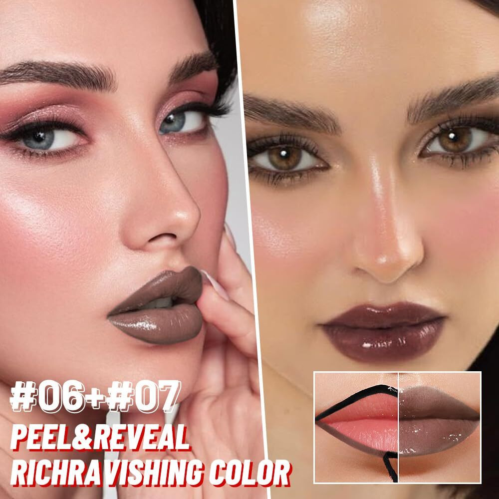 Juaazin 2Pcs Lip Stain Peel Off Lip Gloss Oil Dual-Ended Combo, Lips Liner Stain Peel Off Masque, Long Lasting & Waterproof, Transfer-Proof Lip Tint Stain With Lip Oil For All Skin Type 06+07