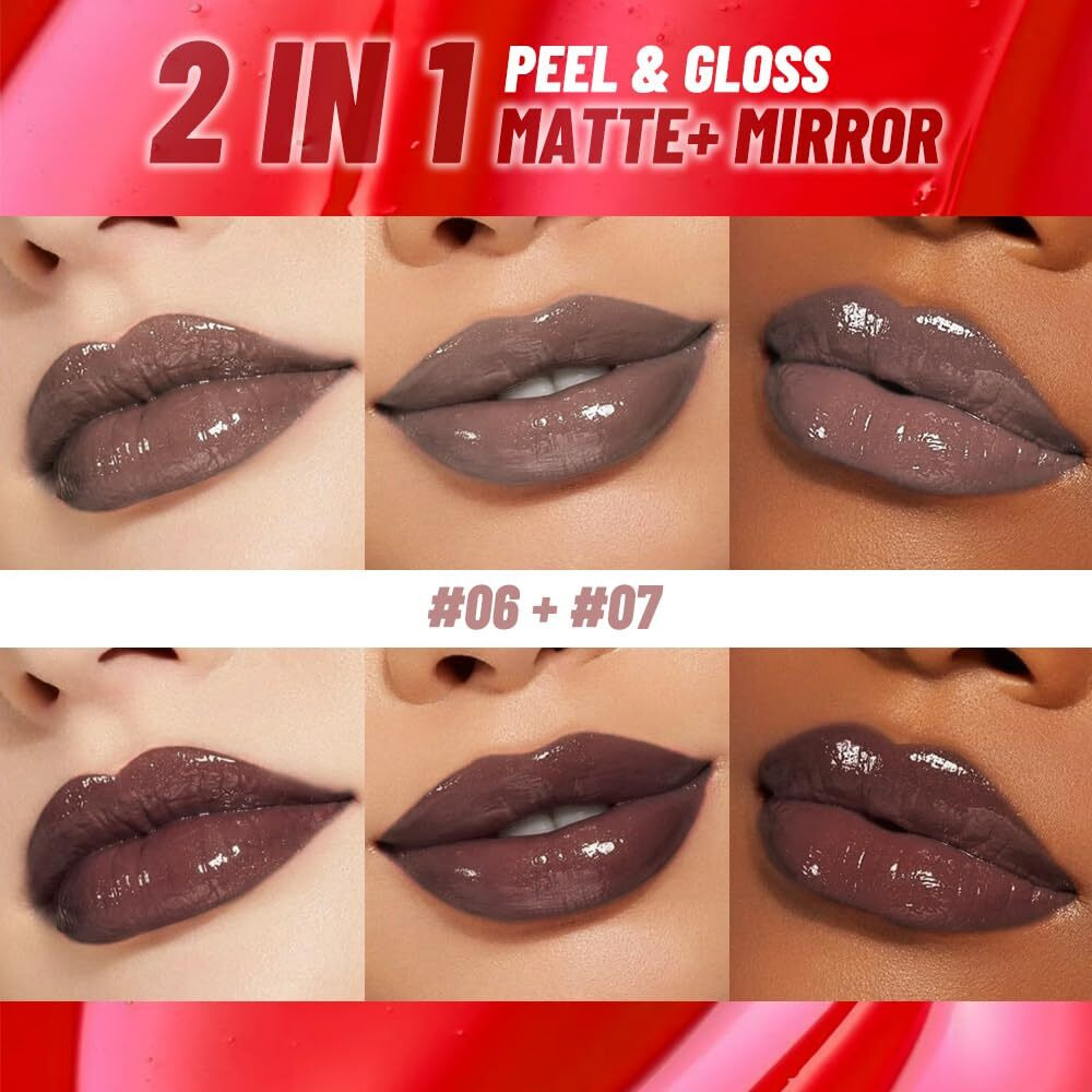Juaazin 2Pcs Lip Stain Peel Off Lip Gloss Oil Dual-Ended Combo, Lips Liner Stain Peel Off Masque, Long Lasting & Waterproof, Transfer-Proof Lip Tint Stain With Lip Oil For All Skin Type 06+07