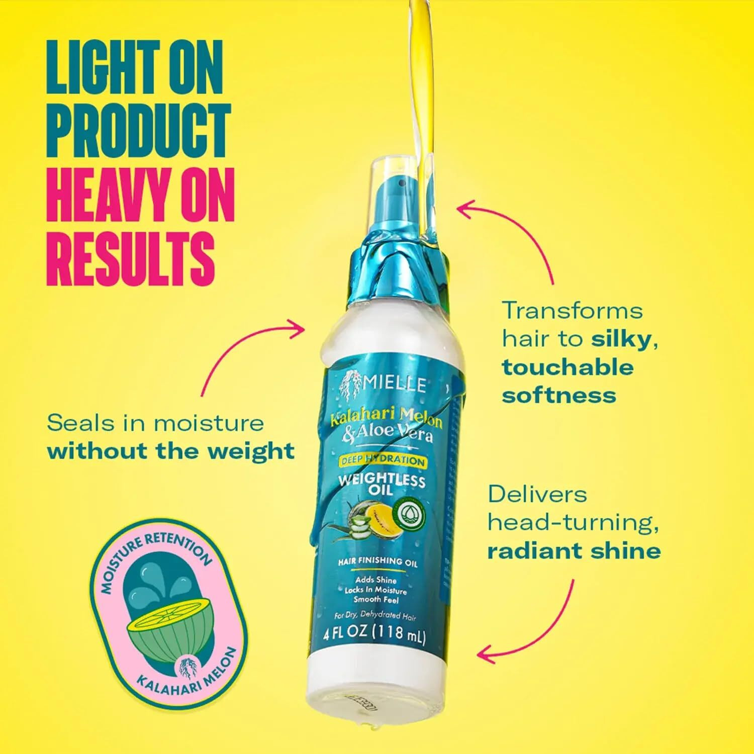 Mielle Weightless Hair Oil - Kalahari Melon & Aloe Vera Deep Hydration Hair Treatment For Dry, Curly And Textured Hair - Lightweight, Non-Greasy Formula For Long-Lasting Hydration (4 Fl Oz)