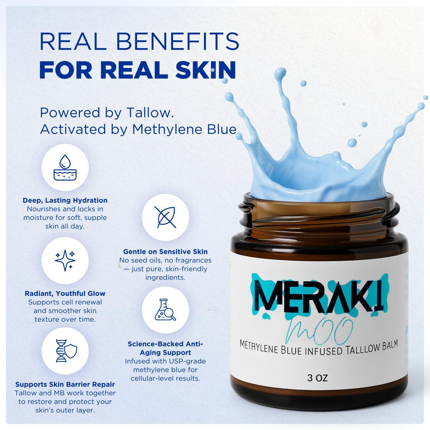Meraki Medicinal Methylene Blue Tallow Balm For Face - Beef Tallow Moisturizer With Coconut Oil And Honey - Methylene Blue Face Cream For All Skin Types - 3 Oz