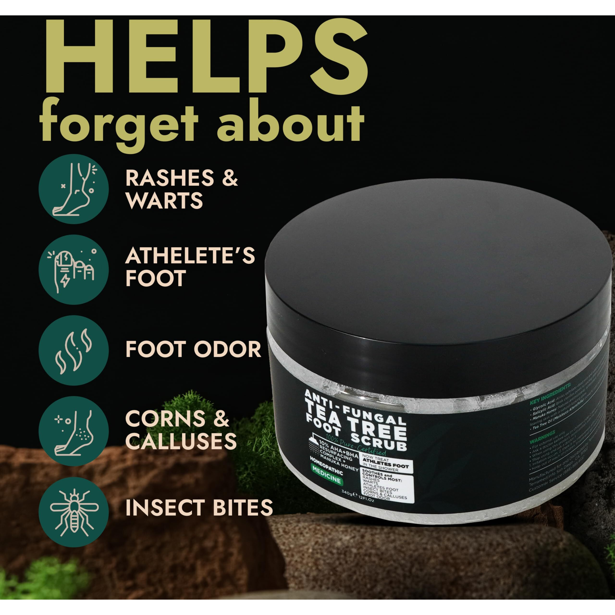 Foot Scrub With Tea Tree Oil | Callus Remover For Feet | Exfoliating Scrub With Salicylic And Glycolic Acid For Dead Skin, Athletes Foot, Warts, Corns, Rashes, Foot Odor, Insect Bites And Foot Care