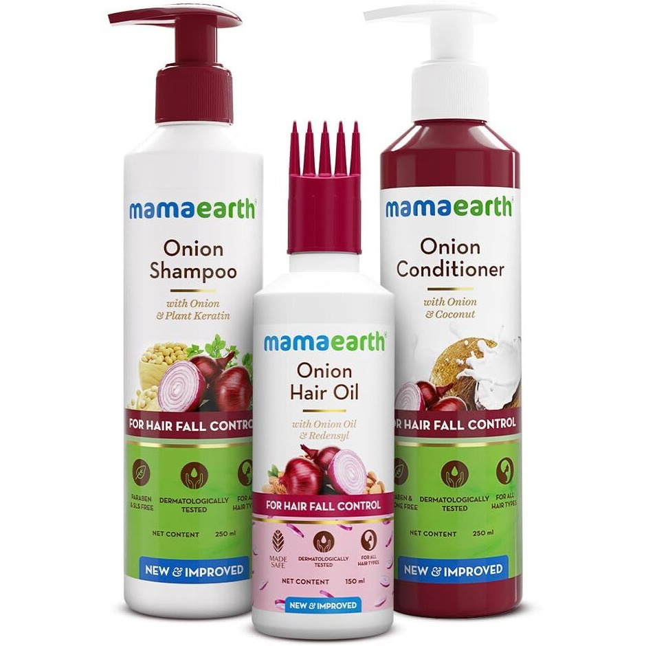 Mamaearth Onion Hair Care Kit - Hair Fall Control With 150Ml Onion Oil & Shampoo + Conditioner (250Ml Each) | Anti Hair Loss & Growth Formula | 3 Piece Set