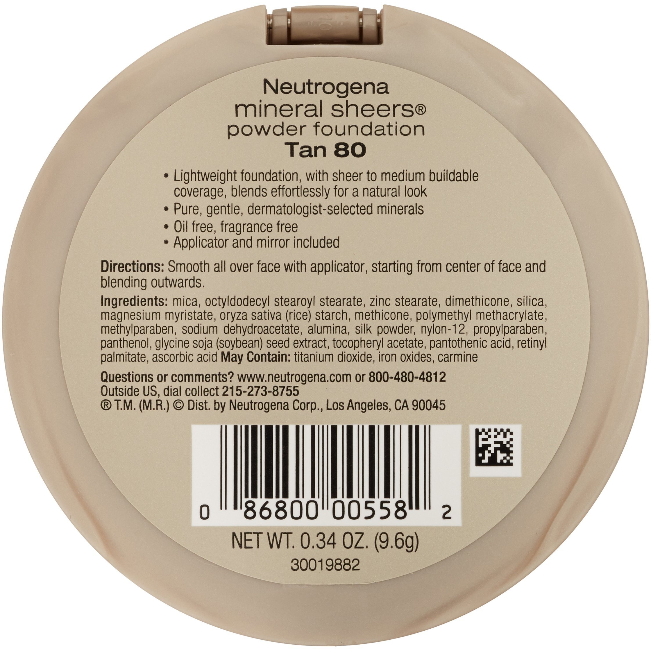 Neutrogena Mineral Sheers Compact Powder Foundation, Lightweight & Oil-Free Mineral Foundation, Fragrance-Free, Tan 80, .34 Oz, 2 Pack