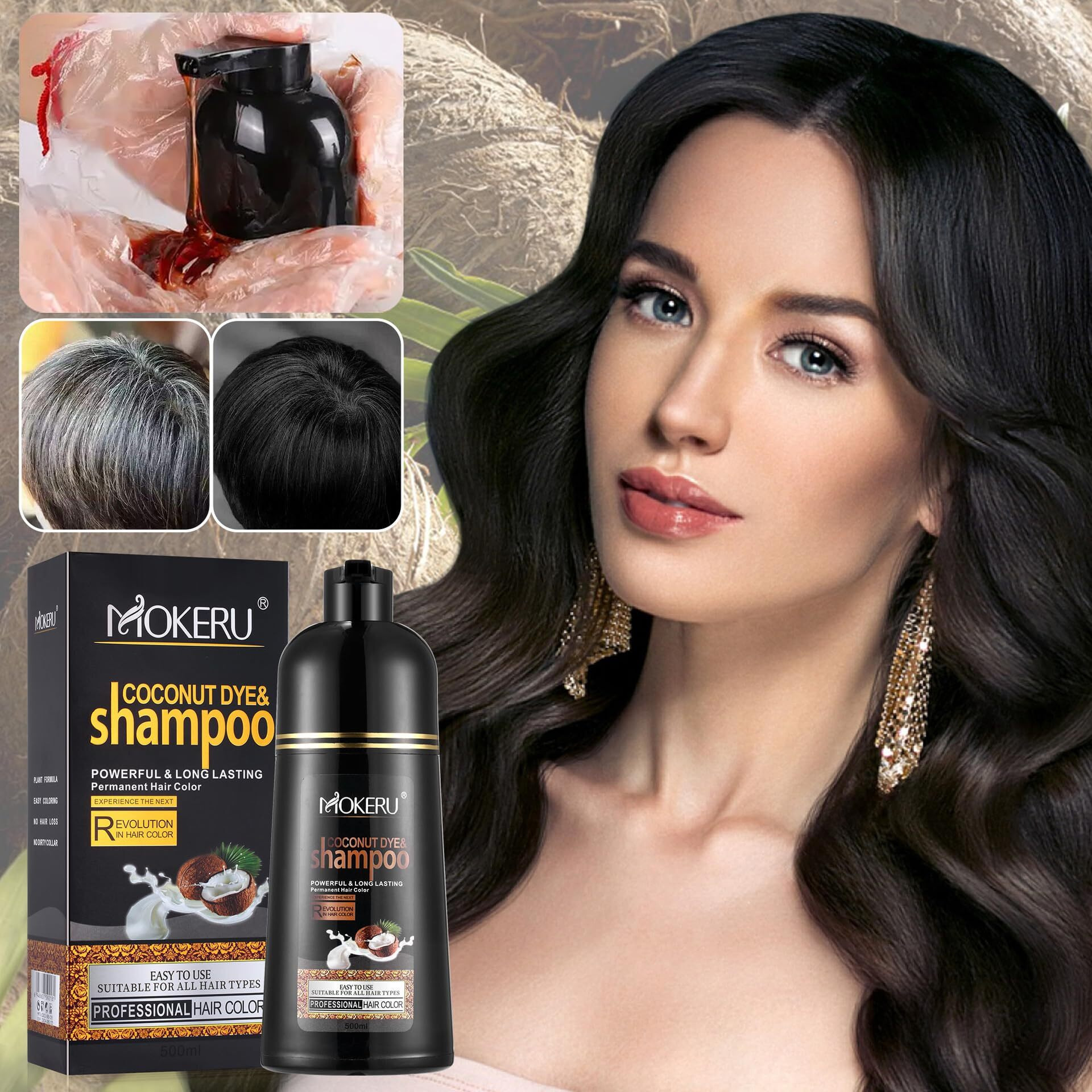 Roivikis Mokeru Coconut Oil Black Hair Dye Shampoo 3 In 1 For Gray Coverage Color Shampoo For Women Men Semi-Permanent