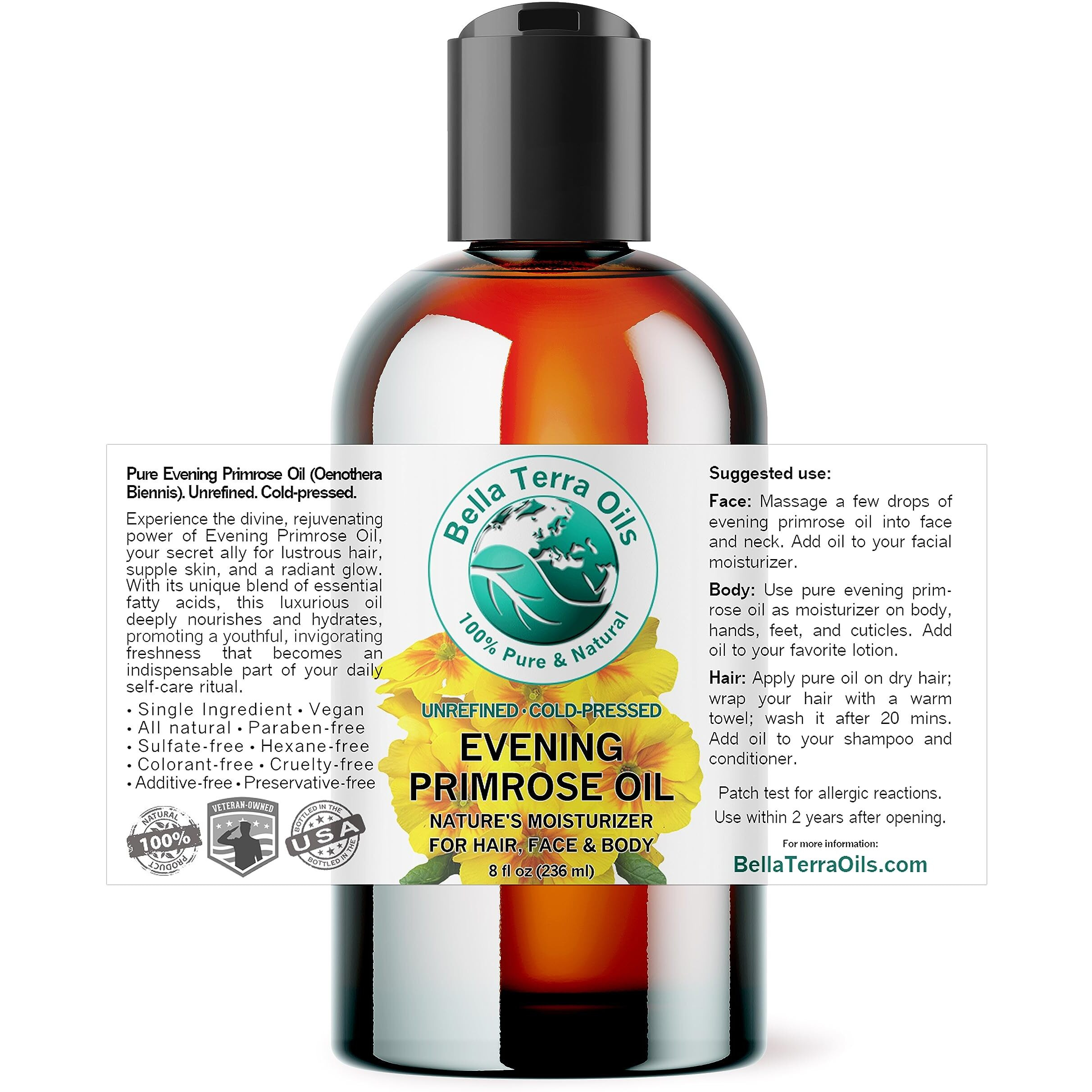Bella Terra Oils - Organic Evening Primrose Oil 8 Oz - Harvested For Excellence, Packed With Nutrients & Omega-6, Perfect Elixir For Enhancing Natural Beauty