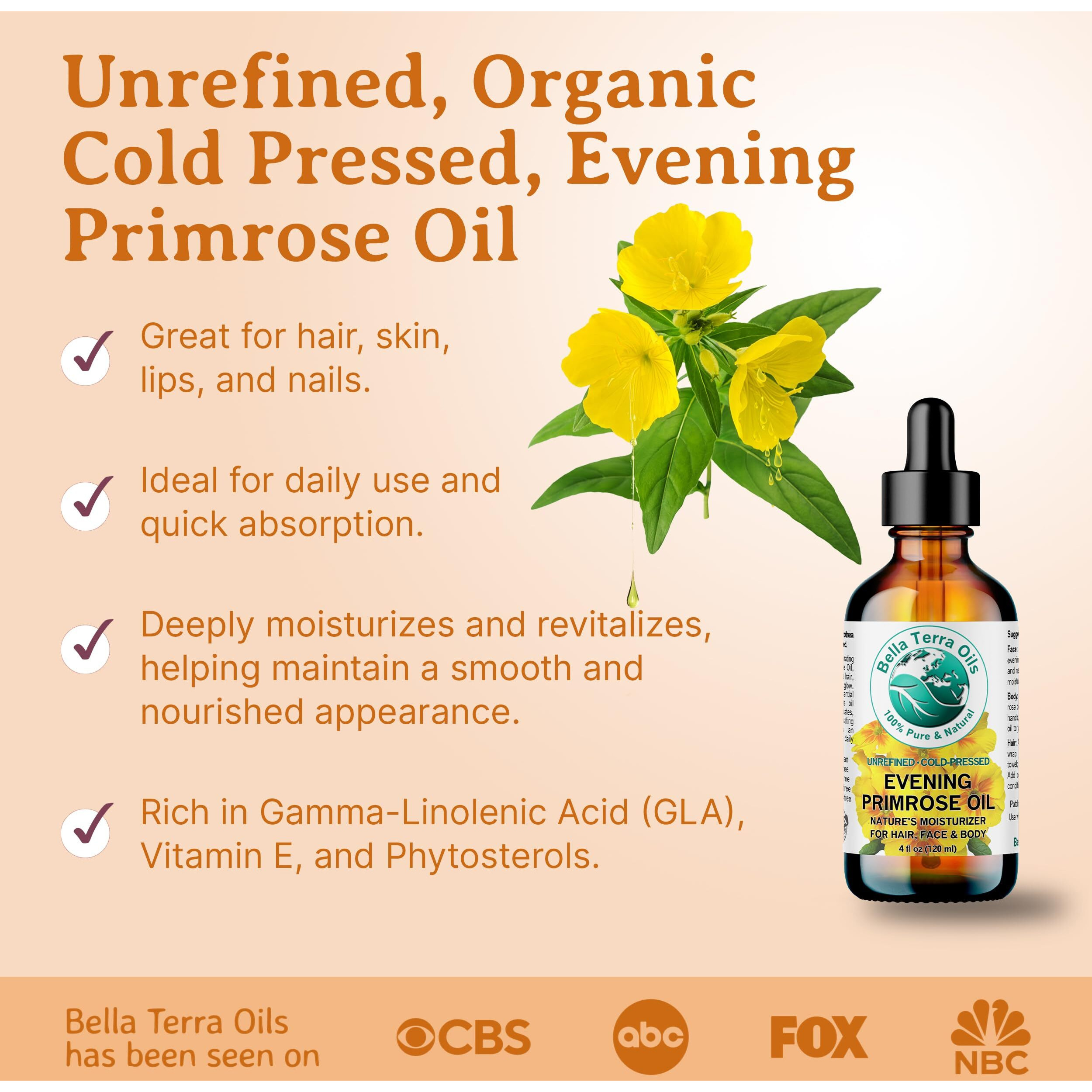 Bella Terra Oils - Organic Evening Primrose Oil 8 Oz - Harvested For Excellence, Packed With Nutrients & Omega-6, Perfect Elixir For Enhancing Natural Beauty