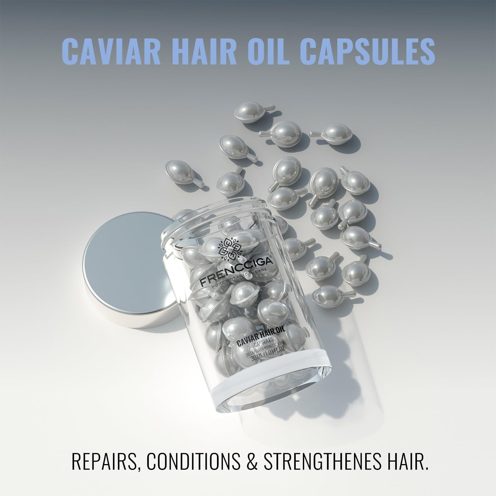 Frencciga Caviar Luxurious Anti-Aging Hair Oil Capsules, Caviar Oil Hair Serum Treatment For Nourishing Hair, Adding Shine, Heat Protecting & Frizz Controling 30 Capsules
