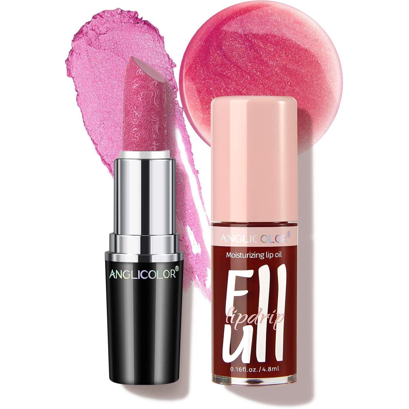 Anglicolor 2Pc Lip Oil And Metallic Glitter Pink Lipstick,Natural Lip Plumper,Fruit Flavoured Lip Oil,For Dry Lip's Moisturizing Hydrating,Vegan & Cruelty-Free (03 Aphrodite+15)