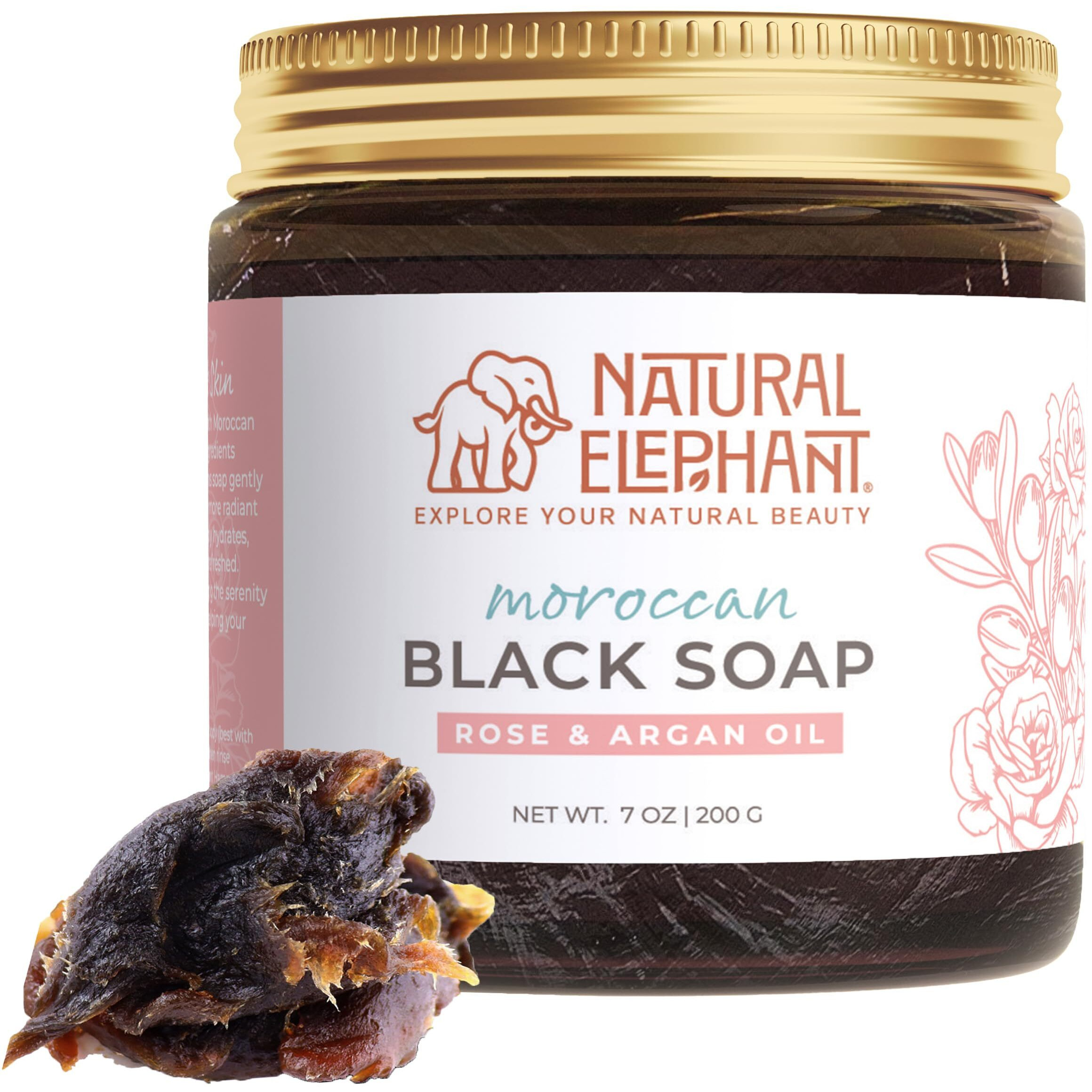 Natural Elephant Moroccan Black Soap 7Oz Traditional Hammam Beldi Soap 100% Natural For Exfoliating And Cleansing (Rose And Argan Essential Oil 200G (7Oz))