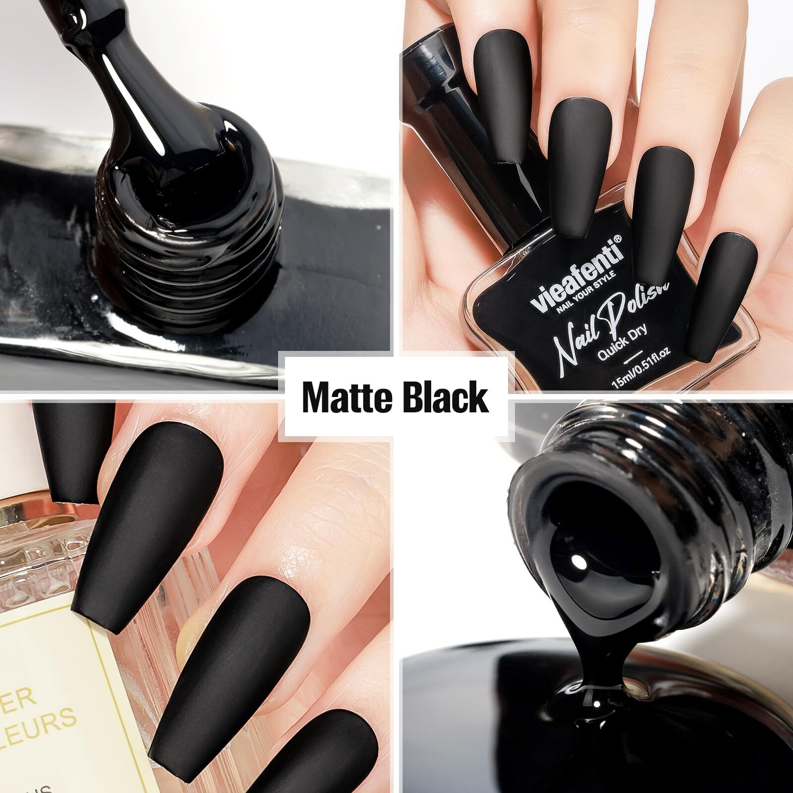 Vieafenti Matte Black Nail Polish 15Ml, Quick Drying Dark Nails Neutral Air Dry Oil-Base Velvet Mist Effect Diy Nail Art Varnish For Ladies
