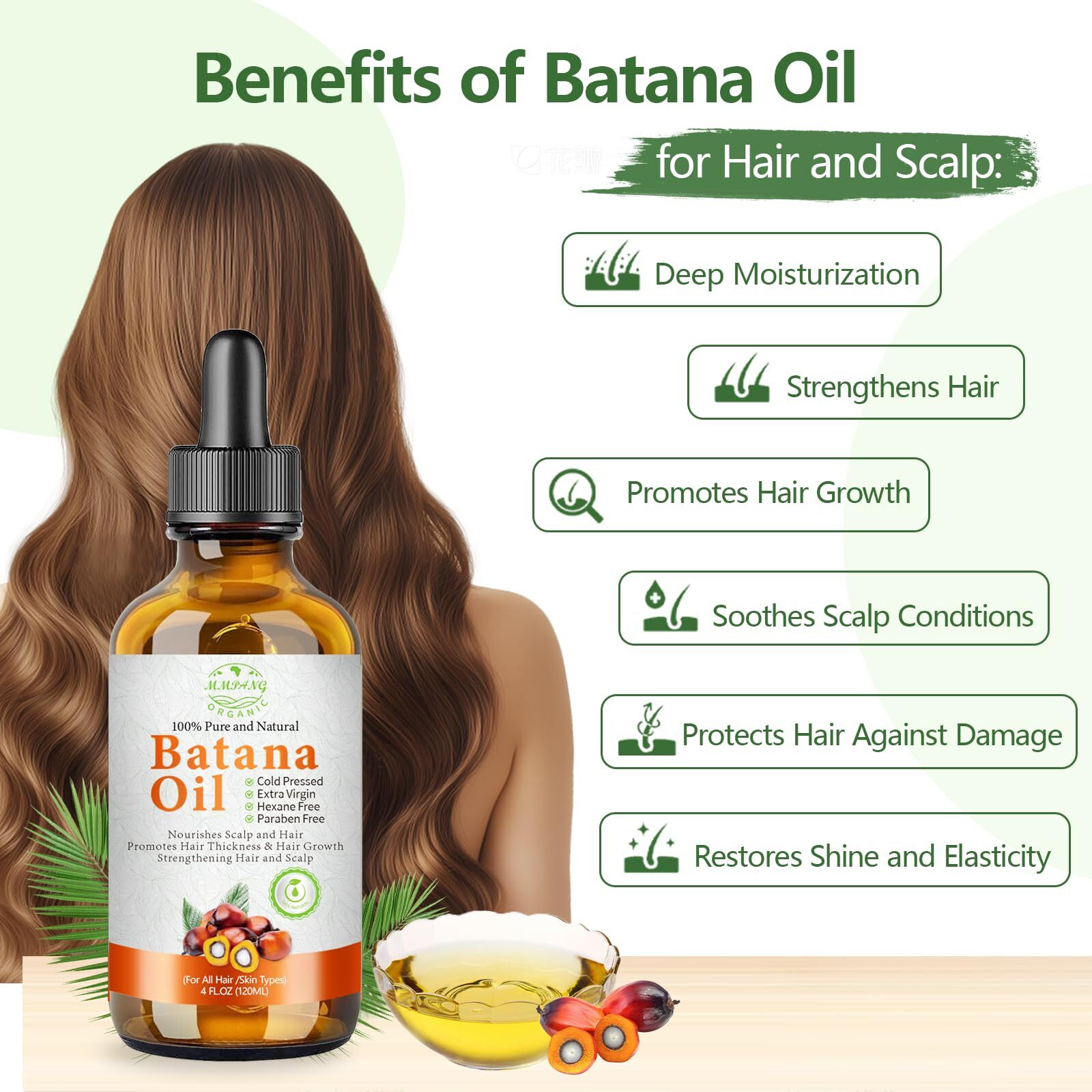 Batana Oil For Hair Growth - Organic Dr. Sebi Cold Pressed Glass Bottle Pure Oil To Thicken Brows, Natural Repair Hair & Scalp, Fights Frizz, Split Ends, All Hair Types (2 Fl Oz) By Mmpang