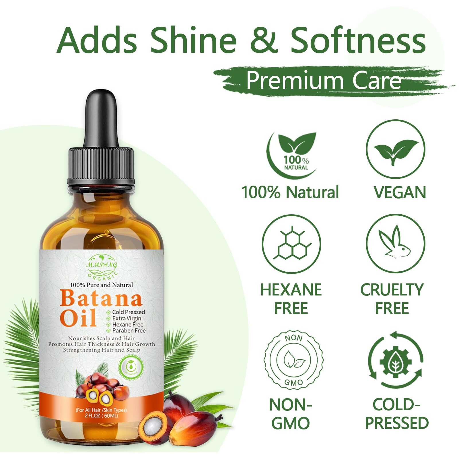 Batana Oil For Hair Growth - Organic Dr. Sebi Cold Pressed Glass Bottle Pure Oil To Thicken Brows, Natural Repair Hair & Scalp, Fights Frizz, Split Ends, All Hair Types (2 Fl Oz) By Mmpang