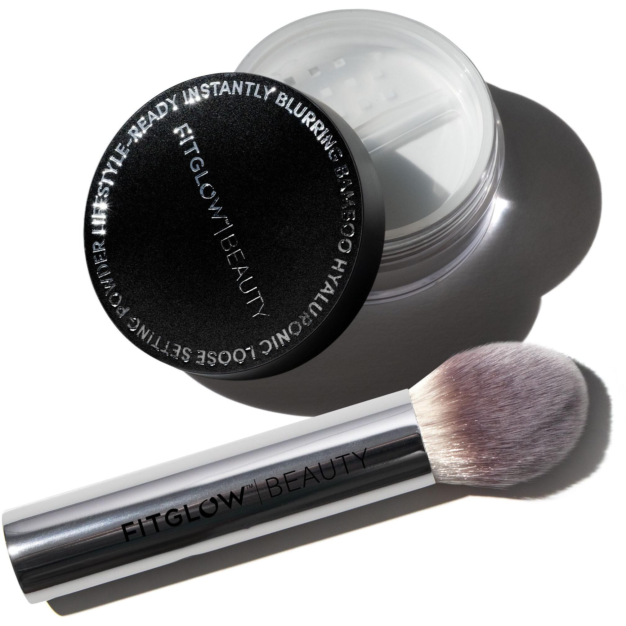 Fitglow Beauty Bamboo Hyaluronic Loose Setting Powder + Brush | Translucent Vegan Organic | Weightless Photo Finish | Pore Blurring | Natural Shine & Oil Control Makeup Finishing Powder | .32 Oz / 9G