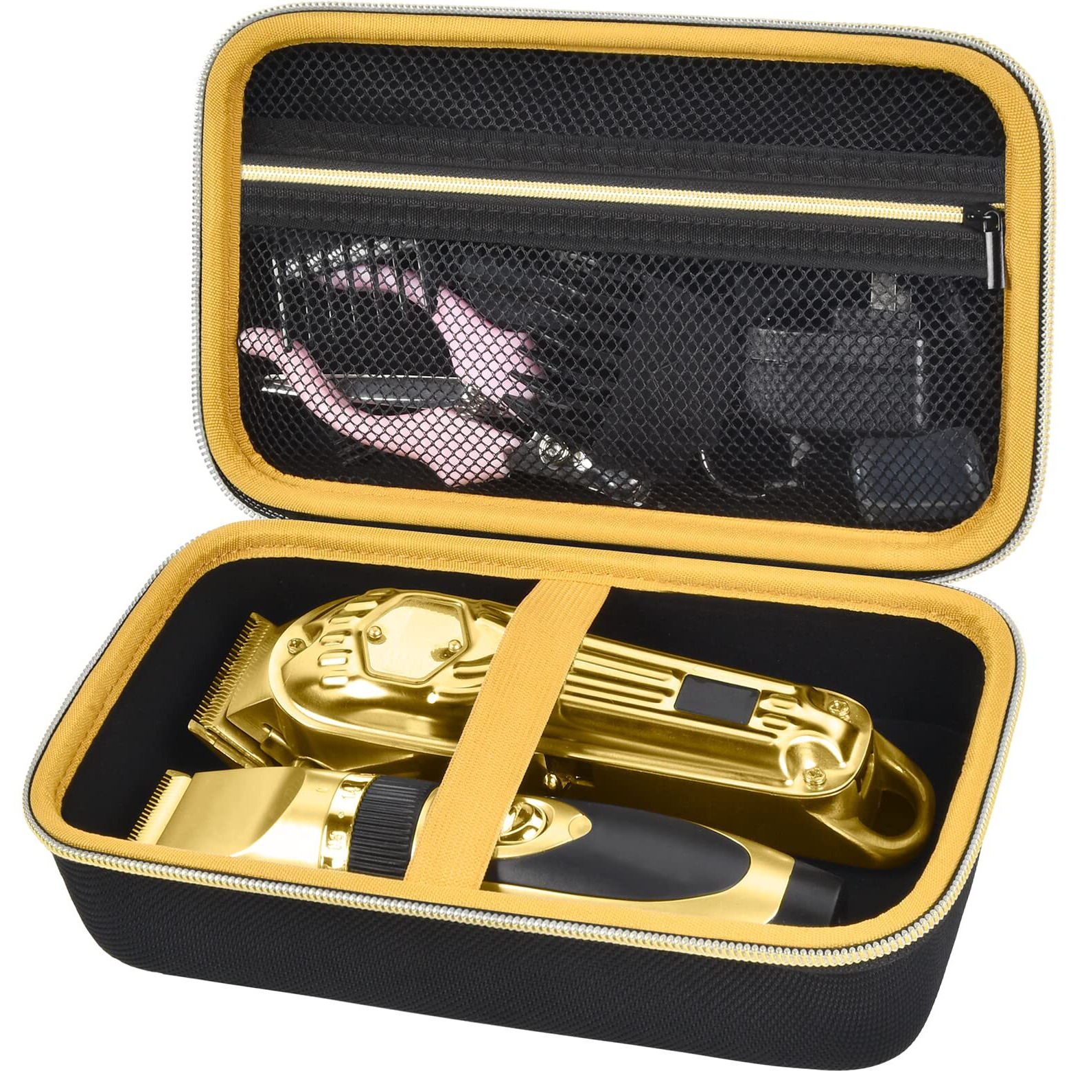 Case Compatible With Hair Clipper Barber, Trimmer Travel Storage Organizer For T Finisher Liner, Comb Cutting Guide, Clipper Blade Oil, Cleaning Brush And Other Grooming Kit - Black Case+Gold Zipper