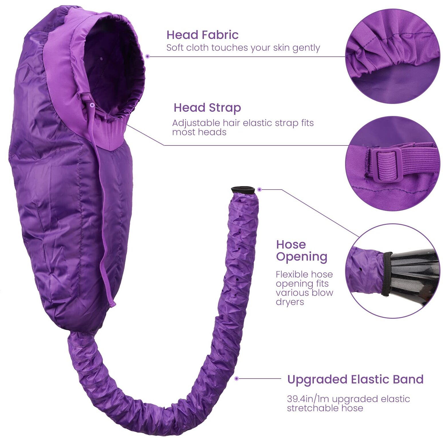 Segbeauty Bonnet Hooded Hair Dryer Attachment, Xl Adjustable Deep Conditioning Cap, Upgraded Drying Heat Cap With Elastic Strap For Curly Hair Nursing Oil Treat-Ment Fast Drying Styling Purple