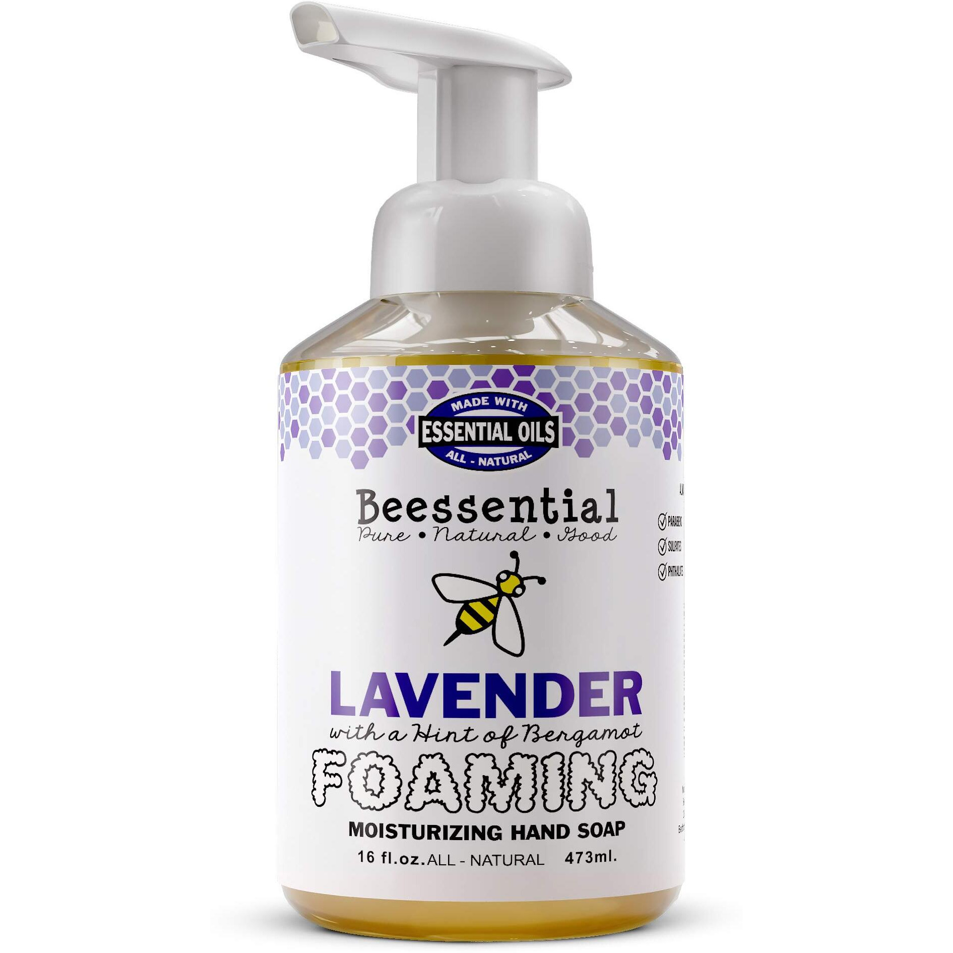 Beessential All Natural Foaming Hand Soap, Lavender And Bergamot Essential Oils, Made With Moisturizing Aloe & Honey - Made In The Usa, 16 Oz