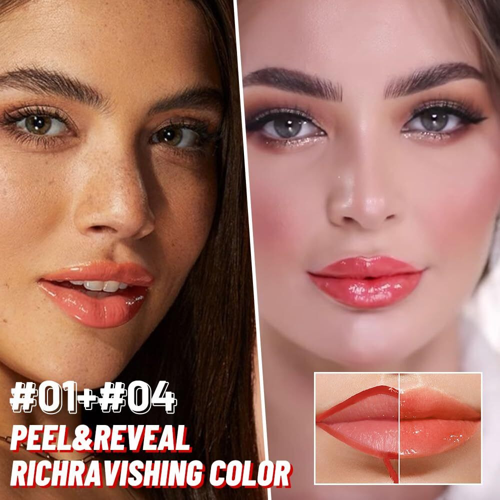 Juaazin 2Pcs Lip Stain Peel Off Lip Gloss Oil Dual-Ended Combo, Lips Liner Stain Peel Off Masque, Long Lasting & Waterproof, Transfer-Proof Lip Tint Stain With Lip Oil For All Skin Type 01+04