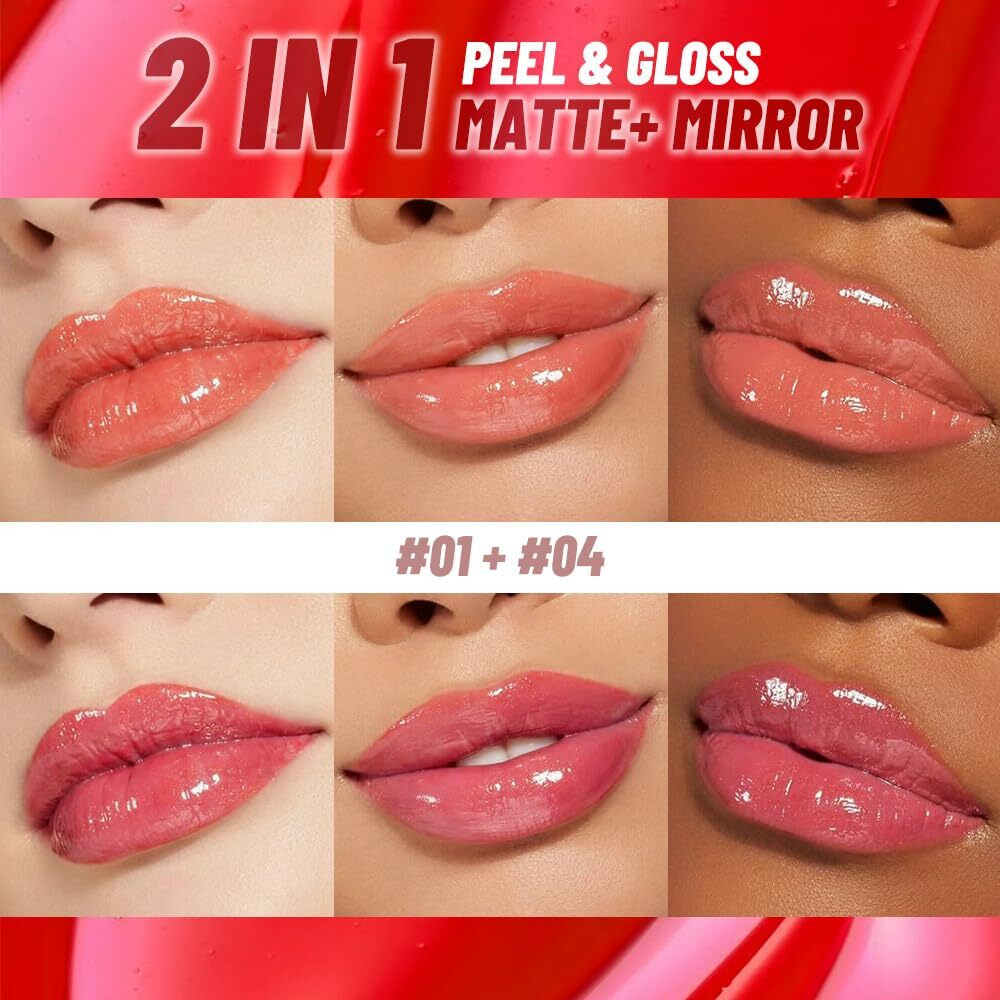 Juaazin 2Pcs Lip Stain Peel Off Lip Gloss Oil Dual-Ended Combo, Lips Liner Stain Peel Off Masque, Long Lasting & Waterproof, Transfer-Proof Lip Tint Stain With Lip Oil For All Skin Type 01+04