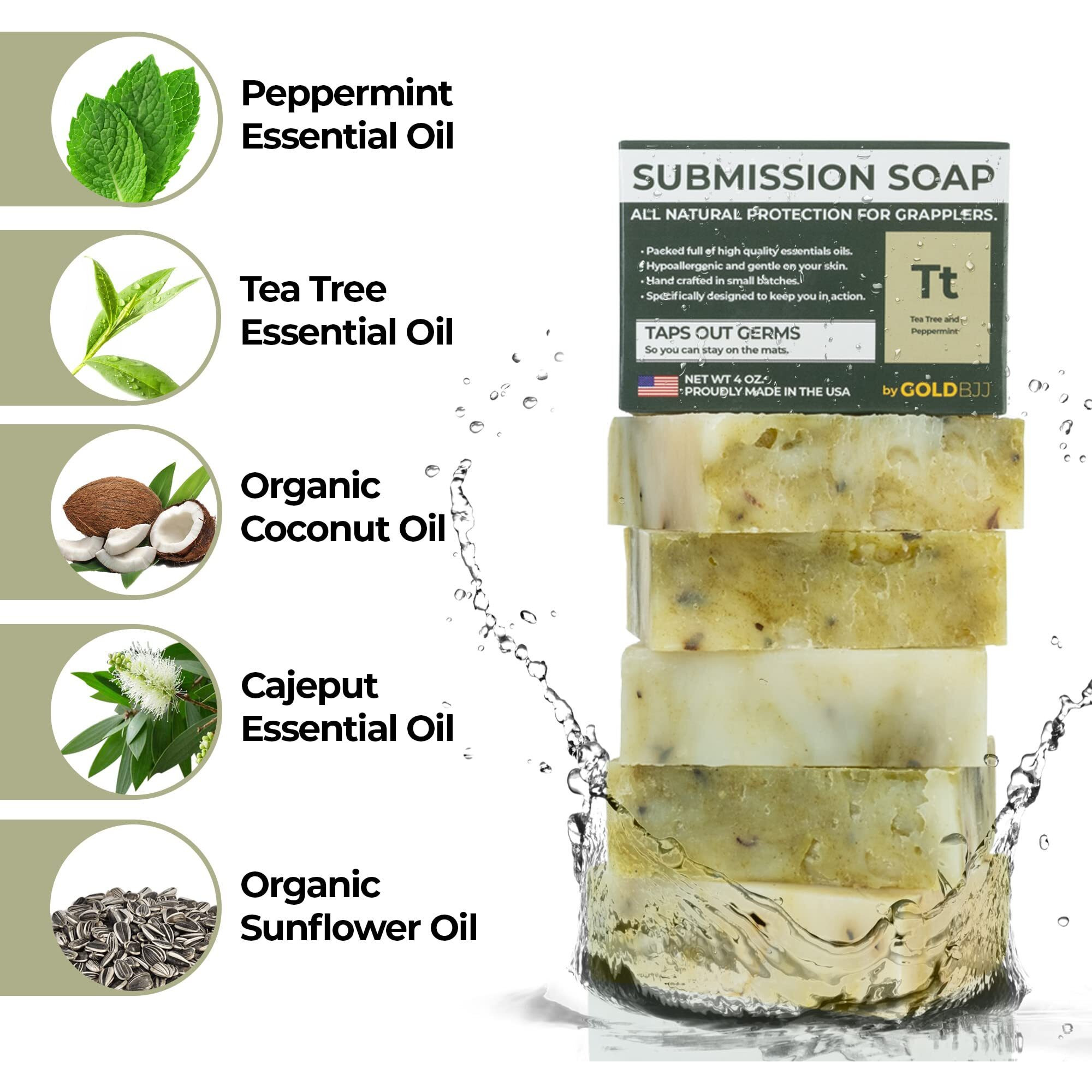 Premium Tea Tree Oil Soap - Usa Made Bar Soap For Bjj, Jiu Jitsu, Wrestling, And Grappling (Single 4 Ounce Soap Bar, Peppermint Tea Tree)