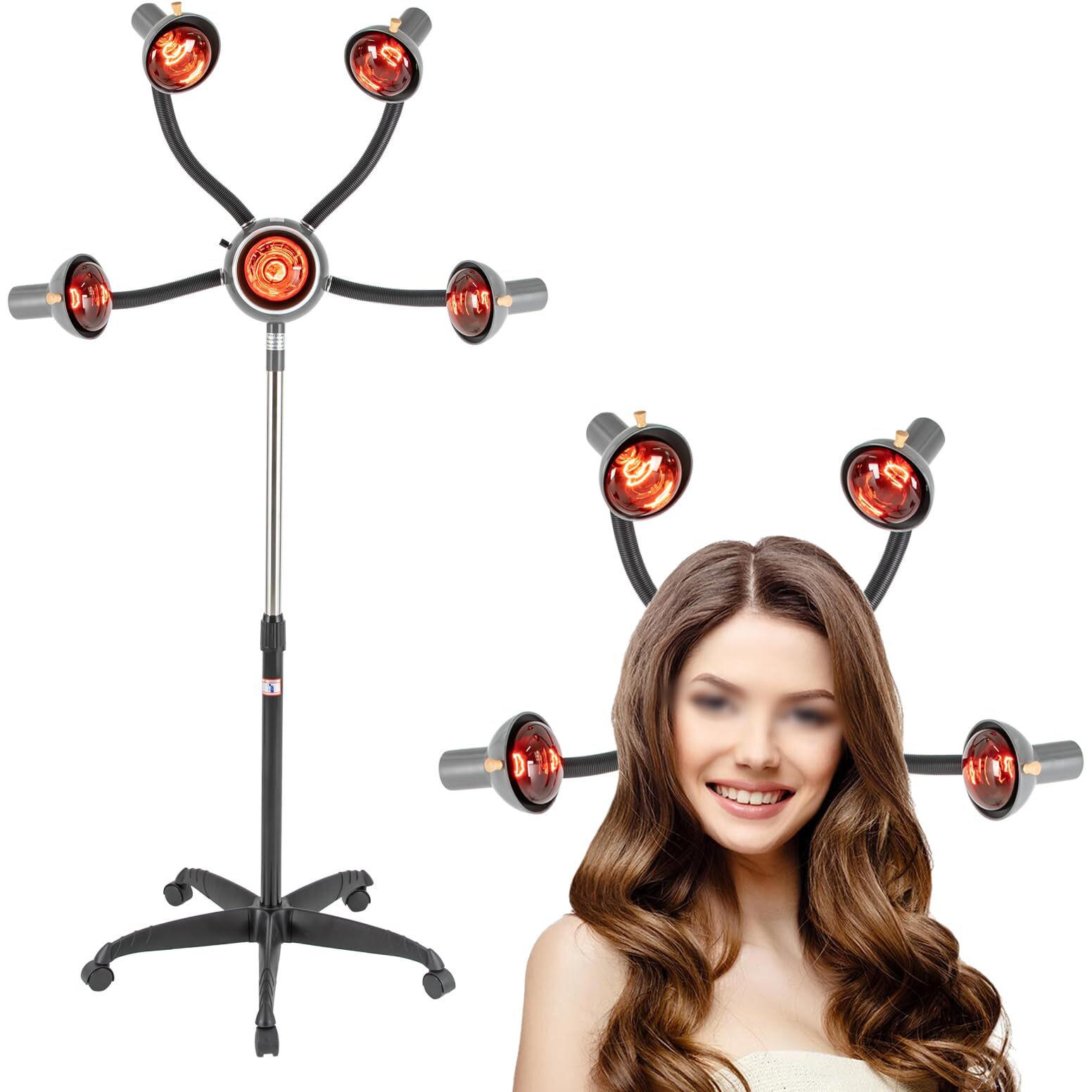 5-Head Salon Hair Steamer,750 W Free-Stand Hair Dryer With Universal Wheels,Perm Processor Stand Hair Dyeing For Hair Care,Dyeing,Oil Treatment (Black 1)