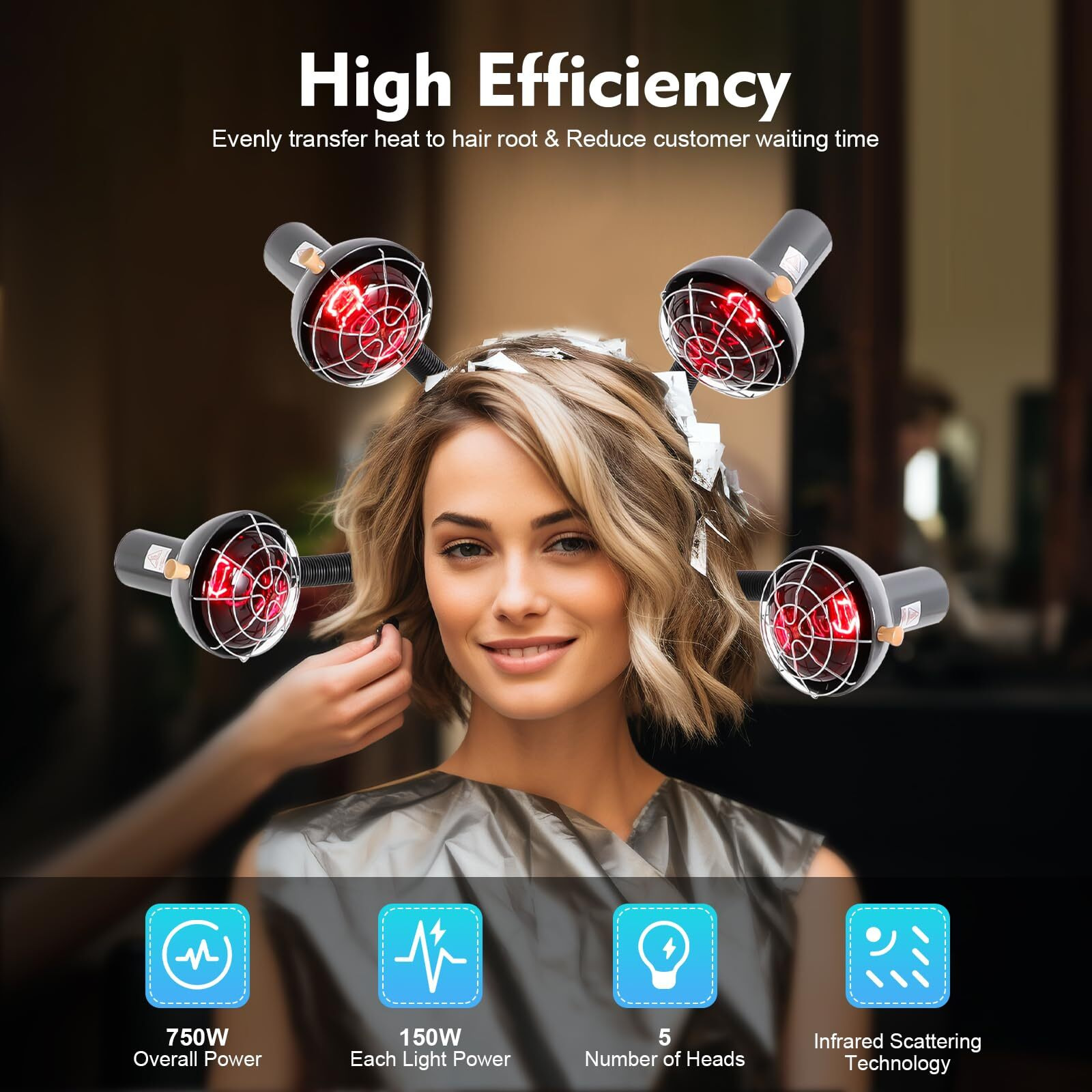 5-Head Salon Hair Steamer,750 W Free-Stand Hair Dryer With Universal Wheels,Perm Processor Stand Hair Dyeing For Hair Care,Dyeing,Oil Treatment (Black 1)