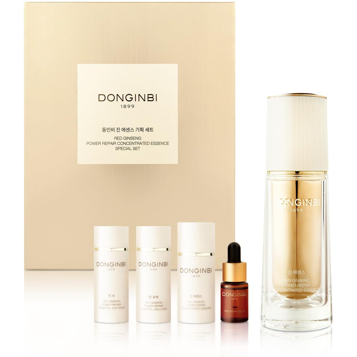 Donginbi Red Ginseng Power Repair Concentrated Essence(1.69 Floz) Set - Korean Red Ginseng Essence With Collagen, Hydrating Toner, Firming Face Oil, Korean Skin Care Gifts For Women, Travel Kit