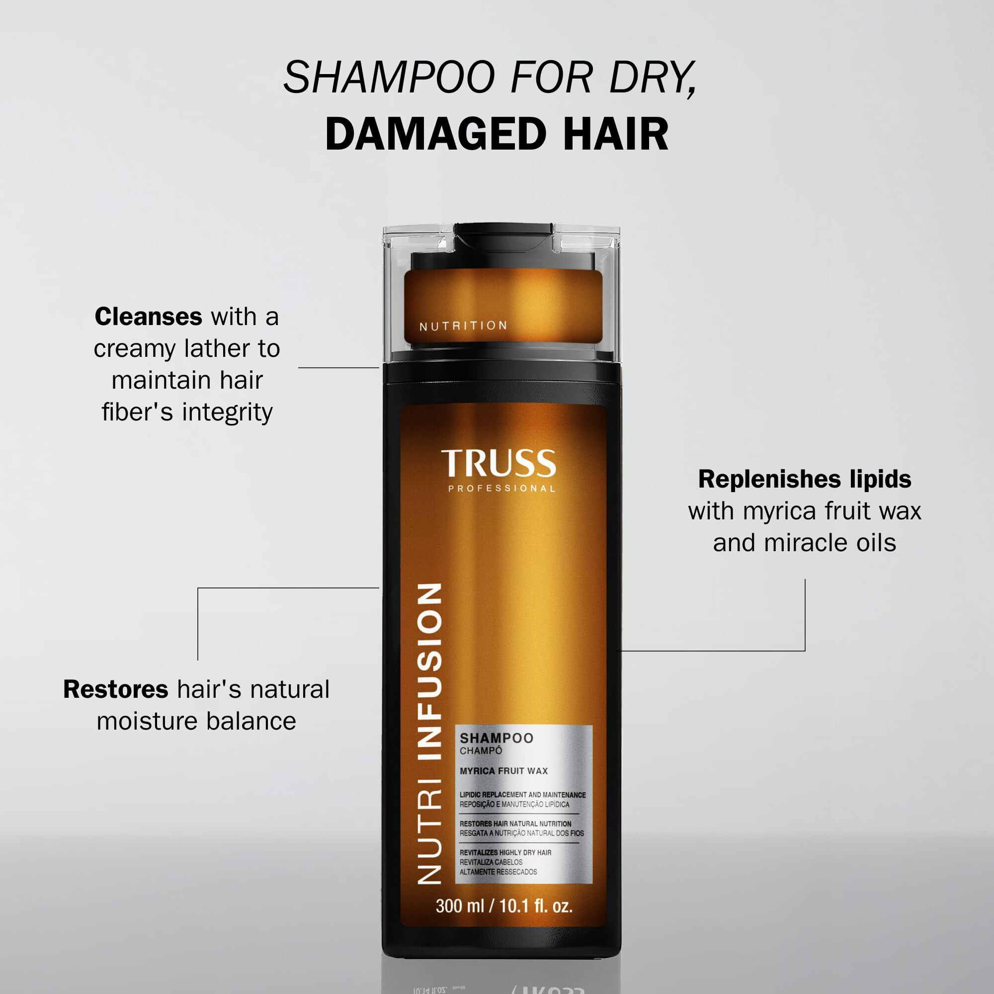 Truss Nutri Infusion Hair Shampoo For Women - Cleansing Shampoo For Dry, Damaged Hair - Restores Natural Moisture Balance With Myrica Fruit Wax & Miracle Oils (10.14 Fl Oz)