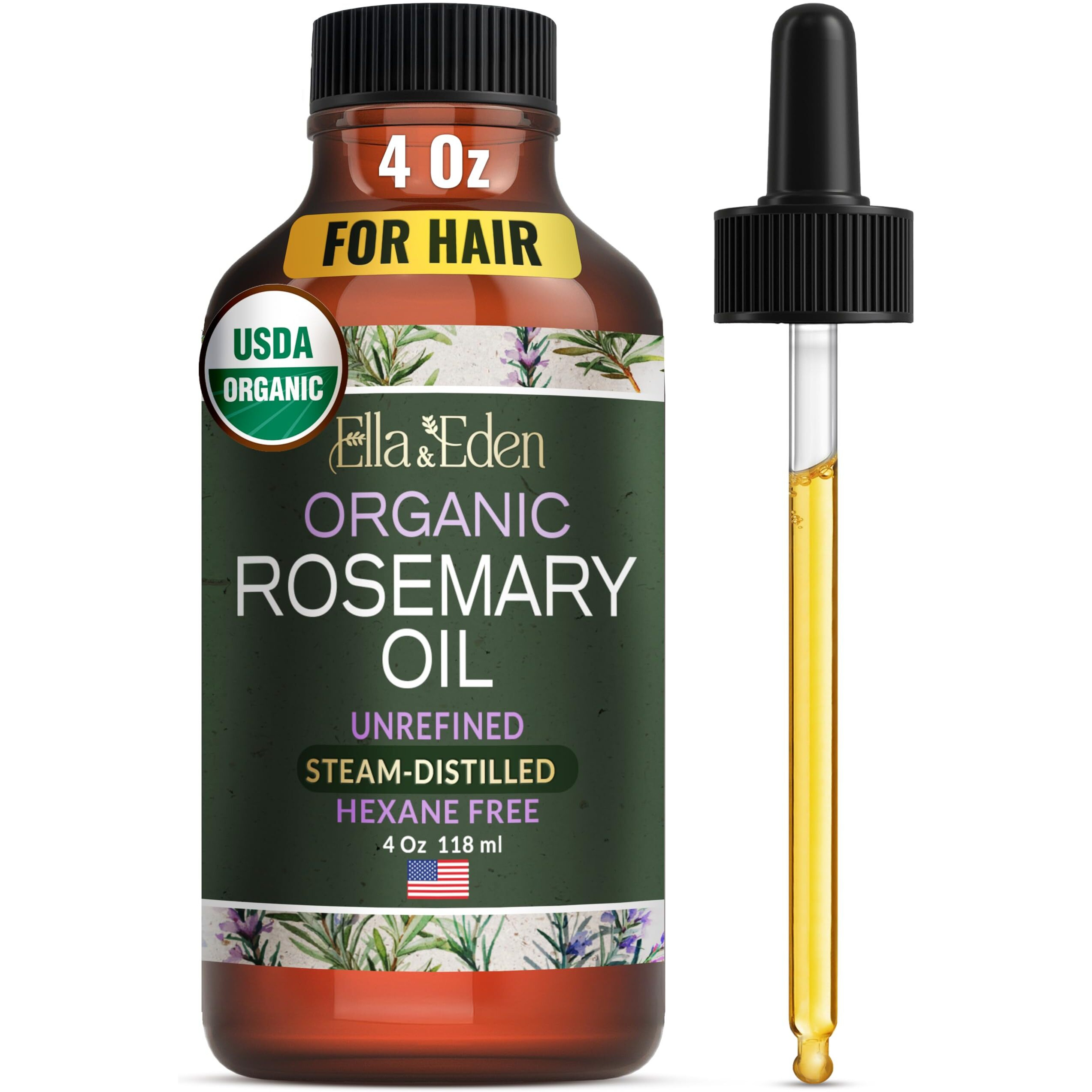 Ella & Eden Rosemary Oil For Hair 100% Pure, Steam-Distilled, Hexane-Free | Usda Certified Organic Rosemary Essential Oil For Skin Aromatherapy In A Glass Bottle, 4 Oz