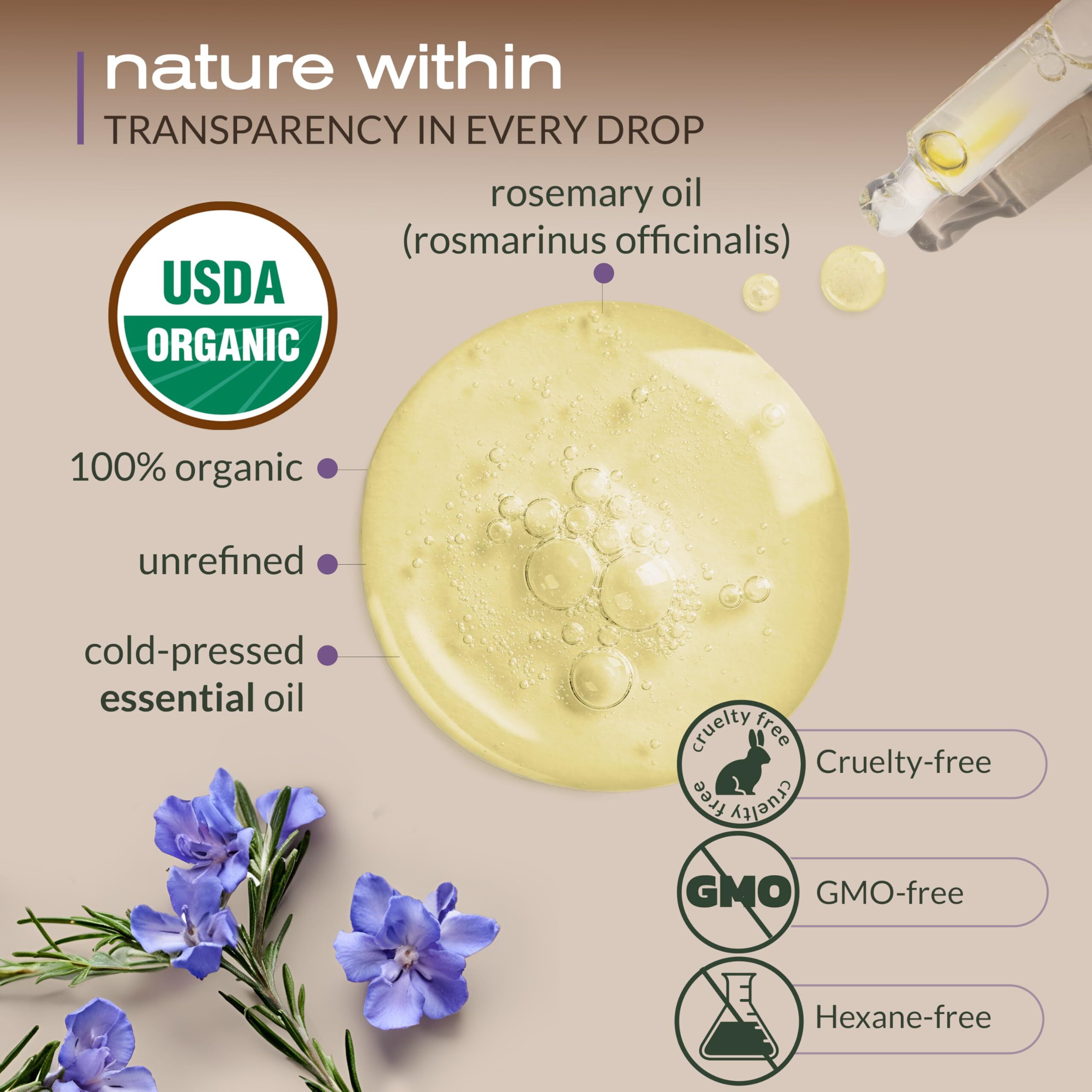 Ella & Eden Rosemary Oil For Hair 100% Pure, Steam-Distilled, Hexane-Free | Usda Certified Organic Rosemary Essential Oil For Skin Aromatherapy In A Glass Bottle, 4 Oz