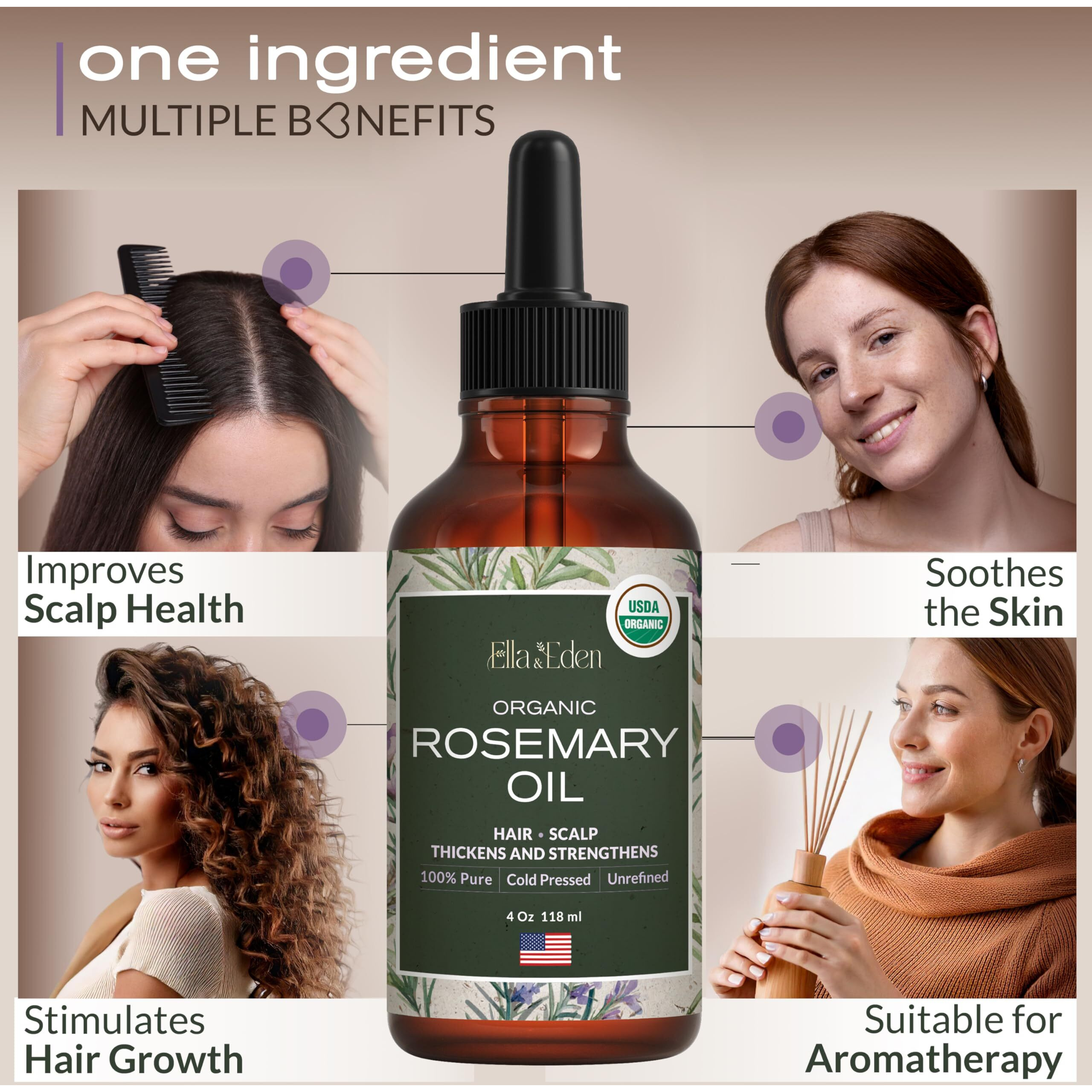 Ella & Eden Rosemary Oil For Hair 100% Pure, Steam-Distilled, Hexane-Free | Usda Certified Organic Rosemary Essential Oil For Skin Aromatherapy In A Glass Bottle, 4 Oz