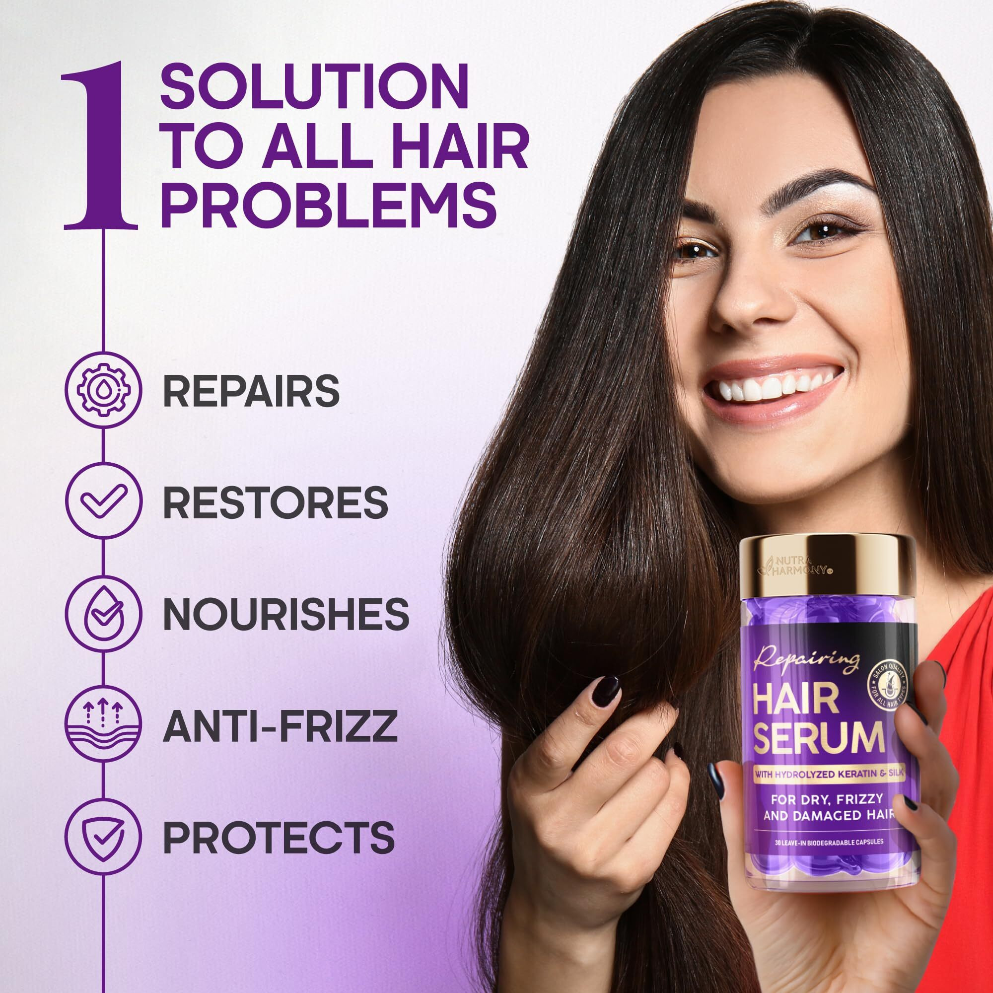 Hair Serum For Frizzy & Damaged Hair - Keratin Treatment With Argan, Silk Protein, Jojoba, Coconut & Avocado Oils - Hair Vitamins A, E, B5 - Anti-Frizz Moisturizing Oil Capsules - No Rinse, 30 Count