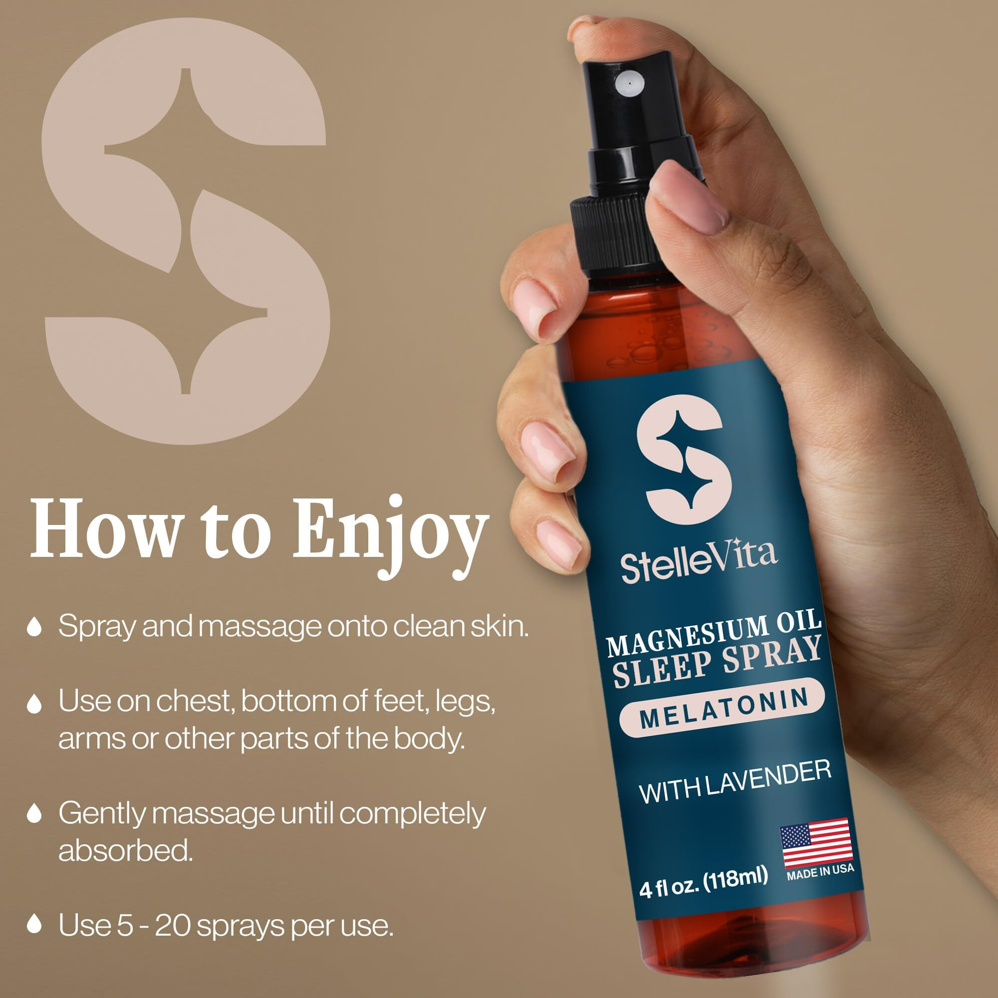 Stellevita Magnesium Oil With Melatonin Sleep Spray And Lavender 4 Oz - Topical Melatonin & Magnesium Spray For Feet, Sleep And Relaxation 100% Natural Made In Usa
