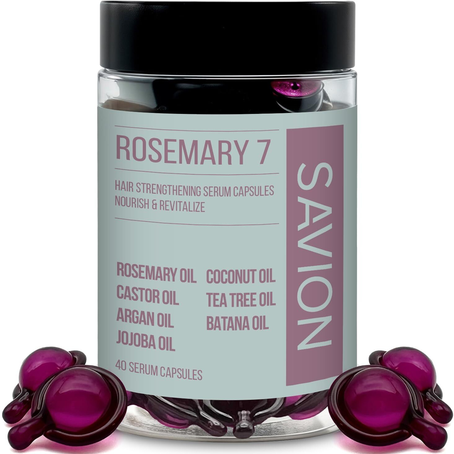 Savion Rosemary Oil Hair Treatment Capsules - No Rinse Styling Hair Serum Capsules With Castor, Argan, Jojoba, Coconut, Tea Tree, Batana Oil - Hair Strengthening Serum For All Hair Types - 40 Capsules