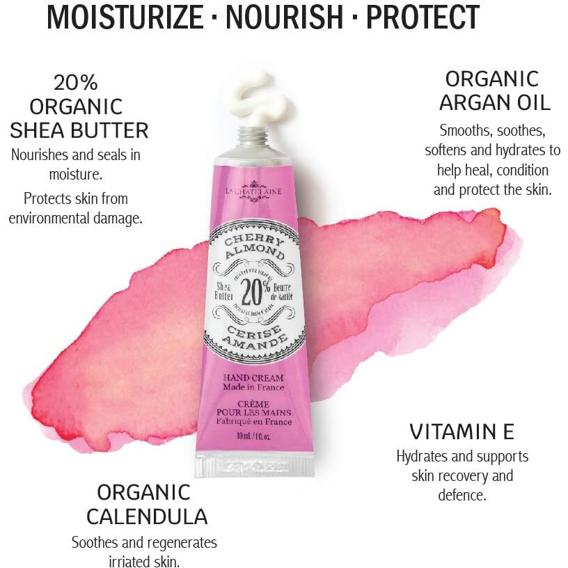 La Chatelaine 20% Shea Butter Hand Cream, Travel Size, Organic Argan Oil, Moisturizing, Nourishing, Repairing, Extra Rich, Non-Greasy, Made In France, Paraben Free, 1 Oz/ 30Ml (Cherry Almond)