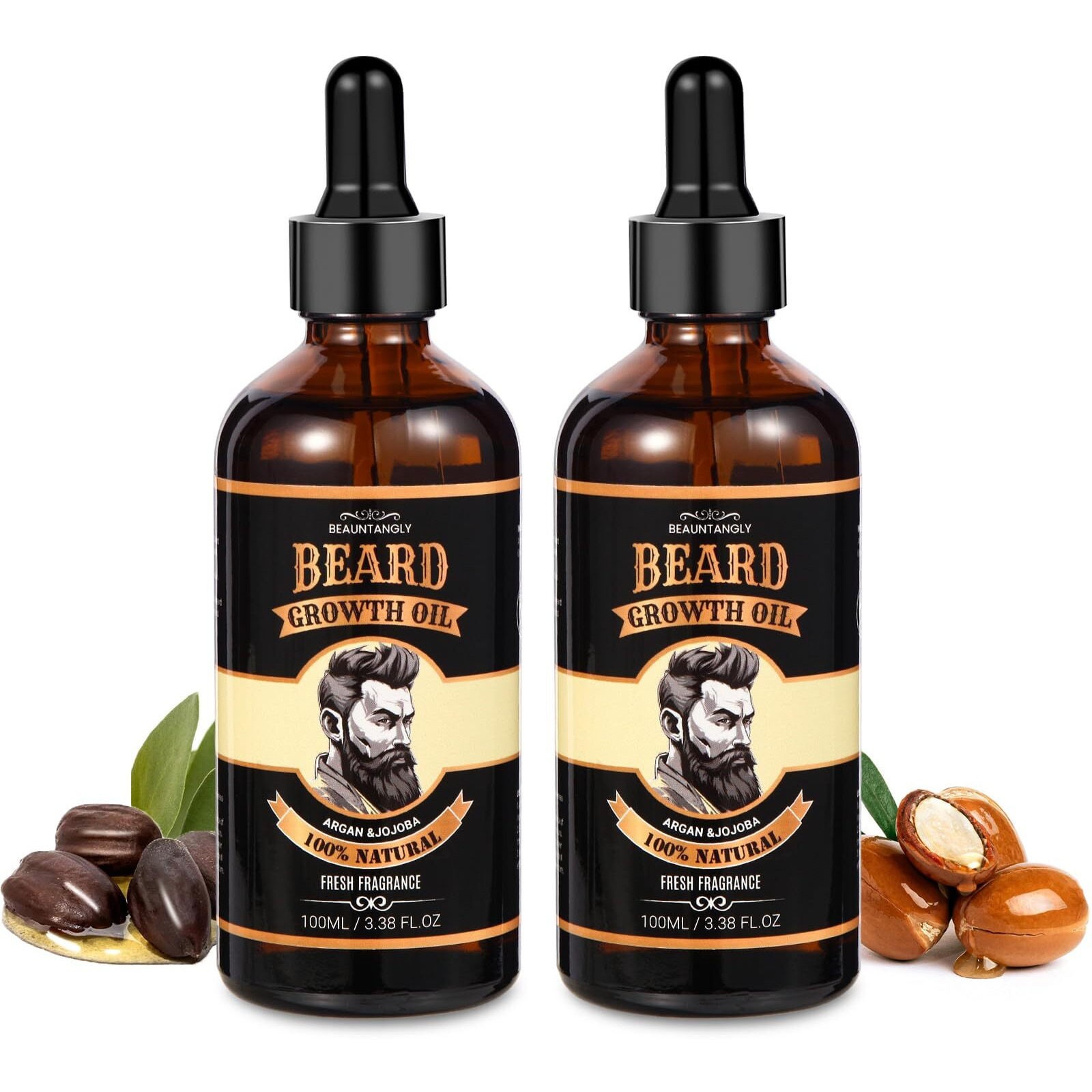 2 Pack Beard Growth Oil For Men, 100% Natural Beard Oil With Argan Oil, Jojoba Oil, Castor Oil - 6.76 Fl/200Ml Fresh Fragrance Beard Conditioner Softens, Nourishes,Strengthens, Promotes Beard Growth