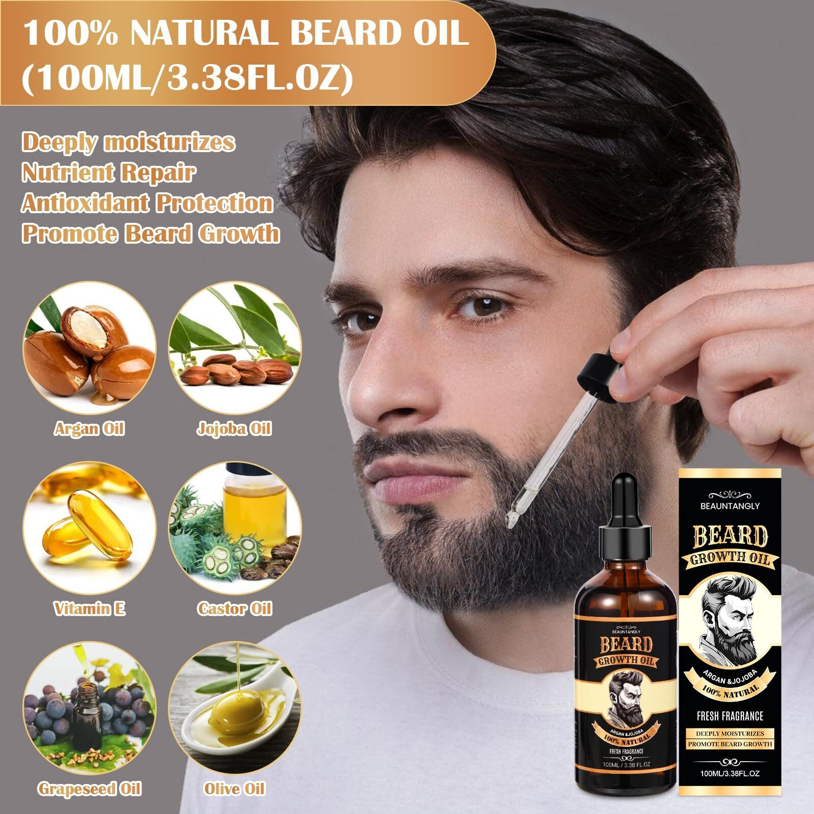 2 Pack Beard Growth Oil For Men, 100% Natural Beard Oil With Argan Oil, Jojoba Oil, Castor Oil - 6.76 Fl/200Ml Fresh Fragrance Beard Conditioner Softens, Nourishes,Strengthens, Promotes Beard Growth